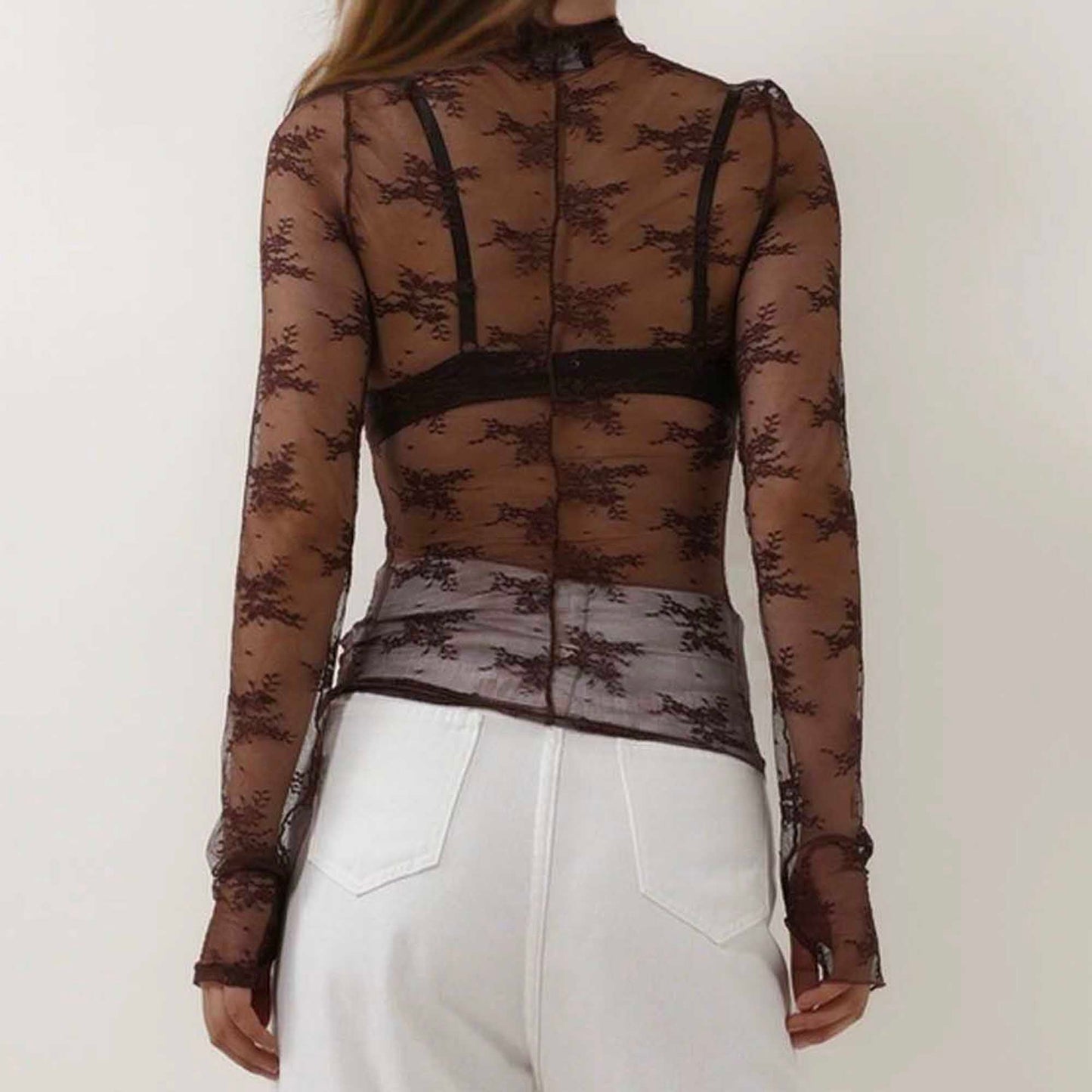 Women's Floral Lace Slim-Fit Top – Sheer Stretch Tee with Baby Overlock Edge Cherie Code