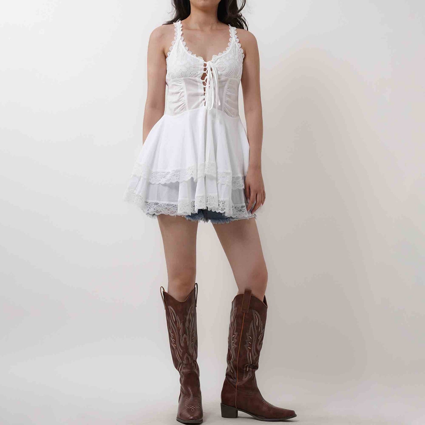 Women's Floral Lace Mini Dress - 100% Cotton Sleeveless with Tie Detail Tunic Cherie Code