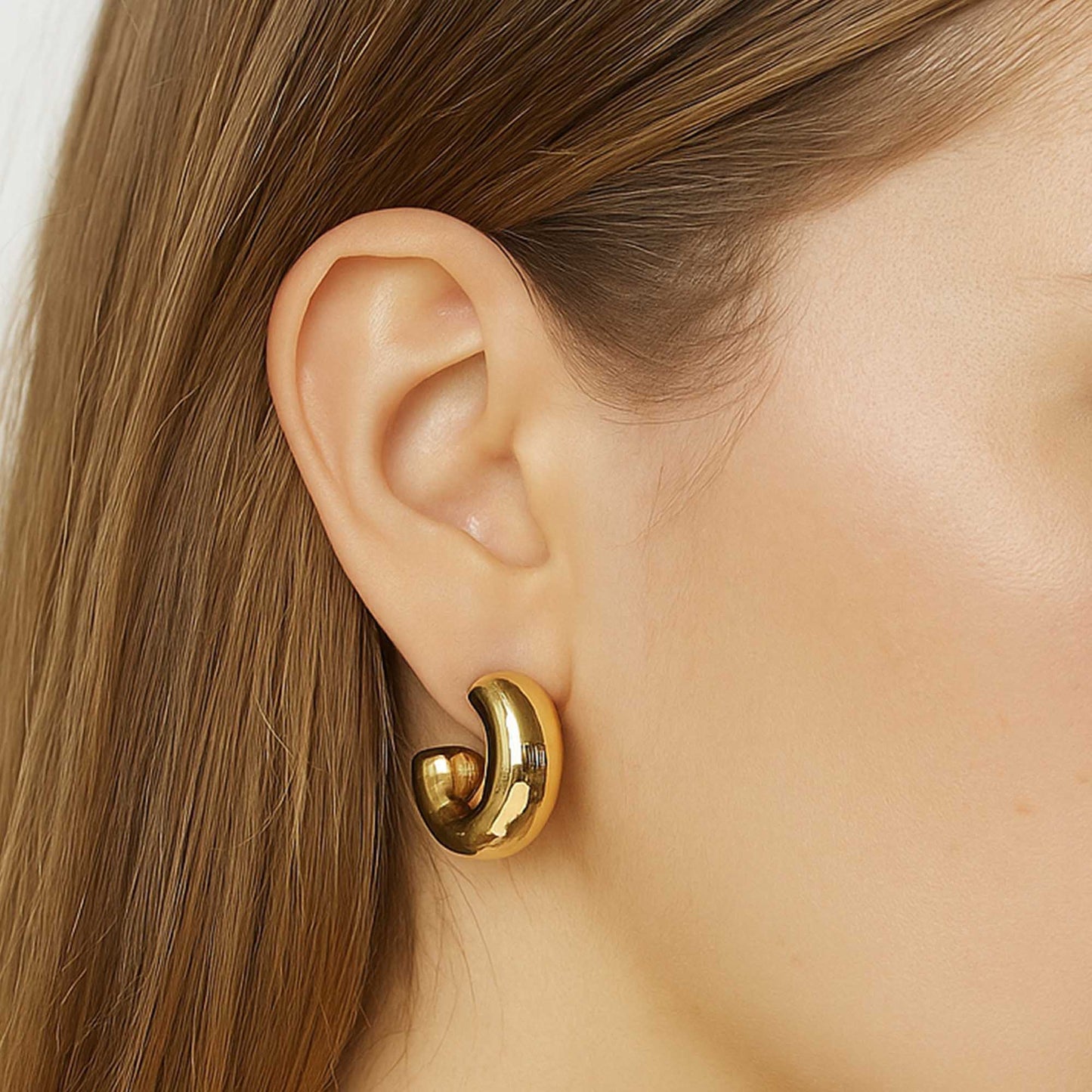 Women's Hollow Tube Metallic Crescent Hoop Earrings – Gold Tone Statement Earrings by Cherie Code