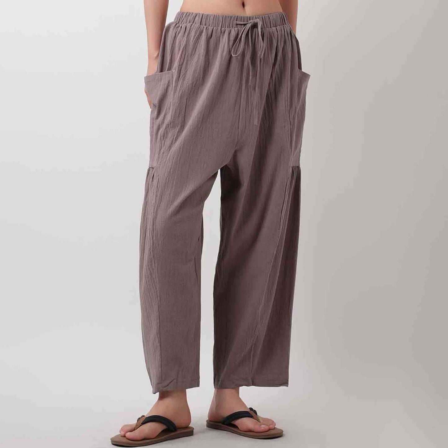 Women's Cotton Drawstring Pants - Relaxed Fit with Elastic Waist & Functional Pocket
