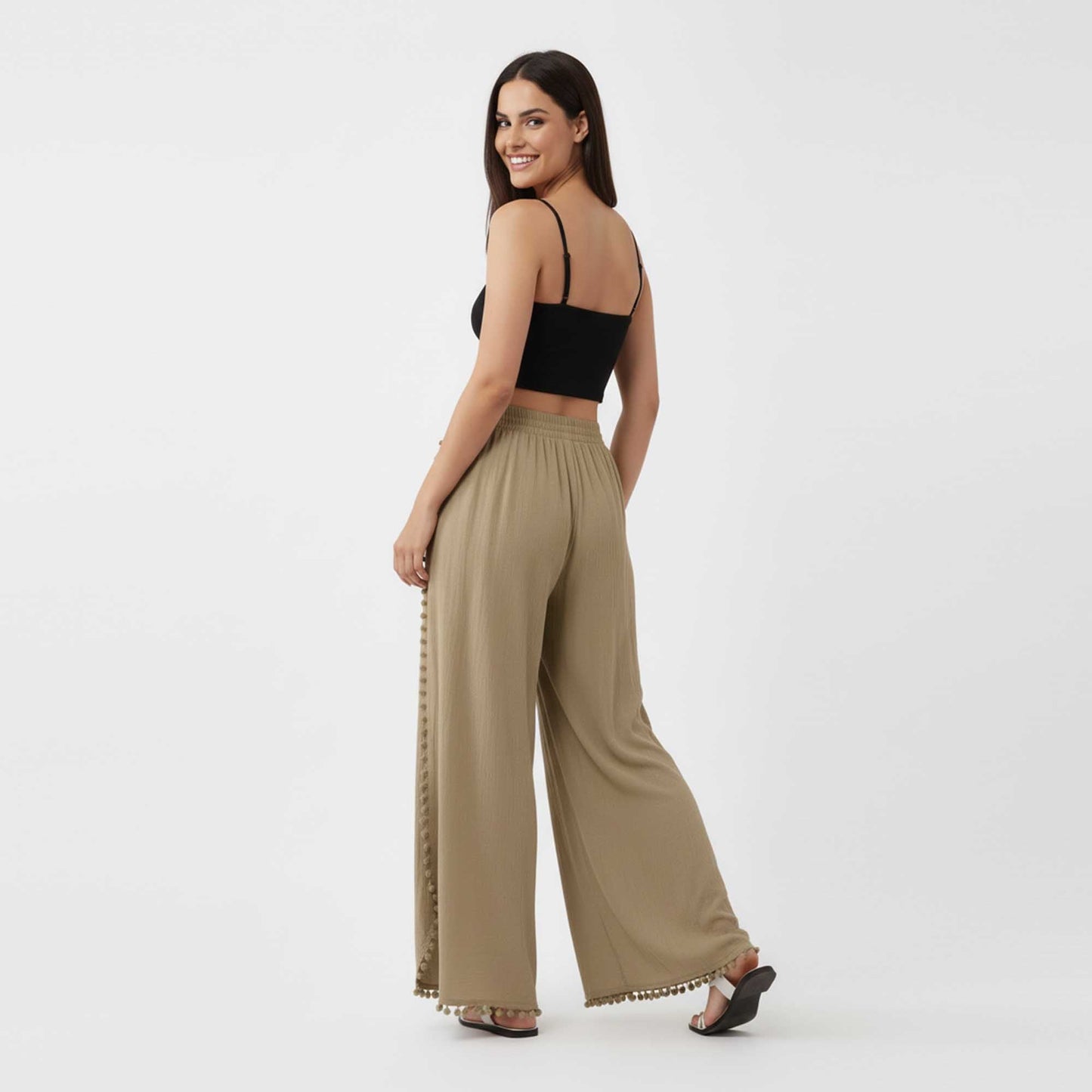 Cherie Code Women's Cotton Wide Leg Pants with Side Split and Pom Trim – Casual Fit