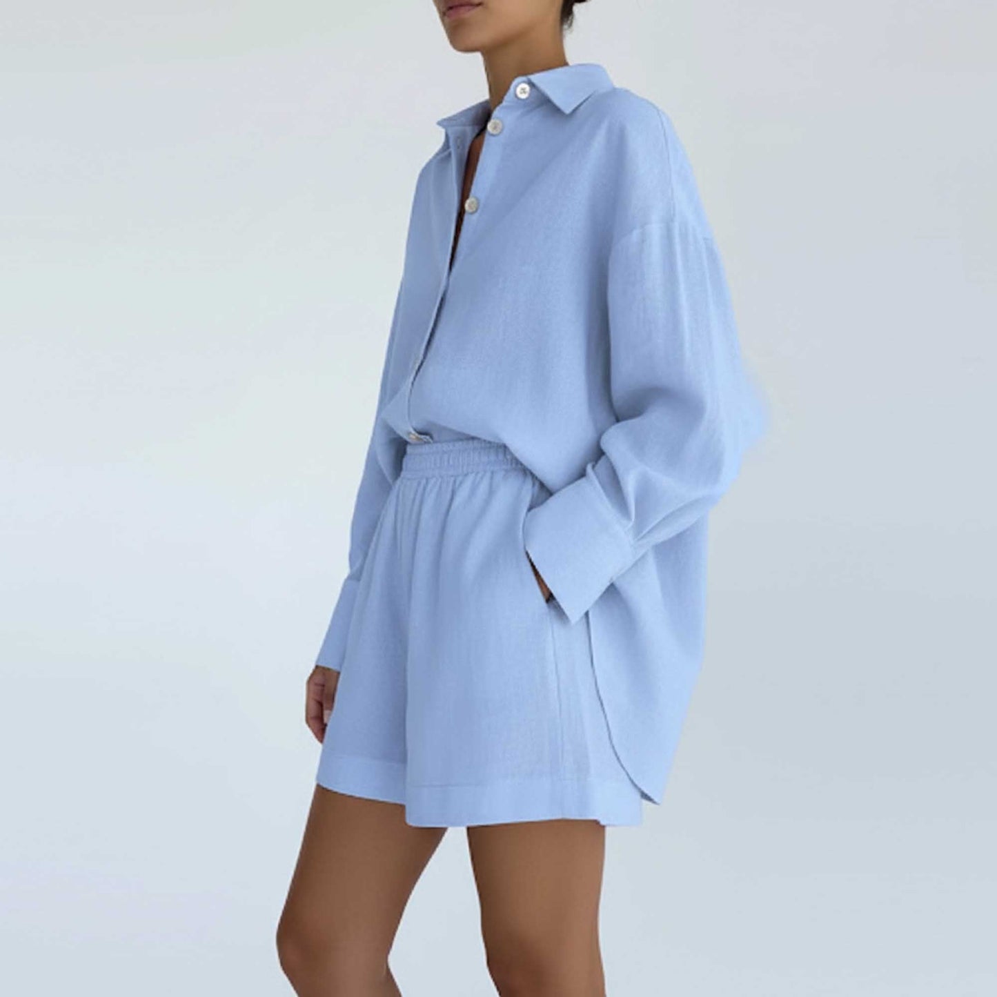 Woman Solid Shorts Set – Slim Fit Long-Sleeve Lapel Shirt & Shorts, Cotton Lined Cherie Code