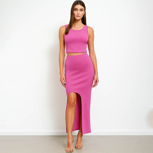 Woman Stretch Viscose Slim Fit Skirt Set - Sleeveless Crop Top 2PCS Outfit Cherie Code