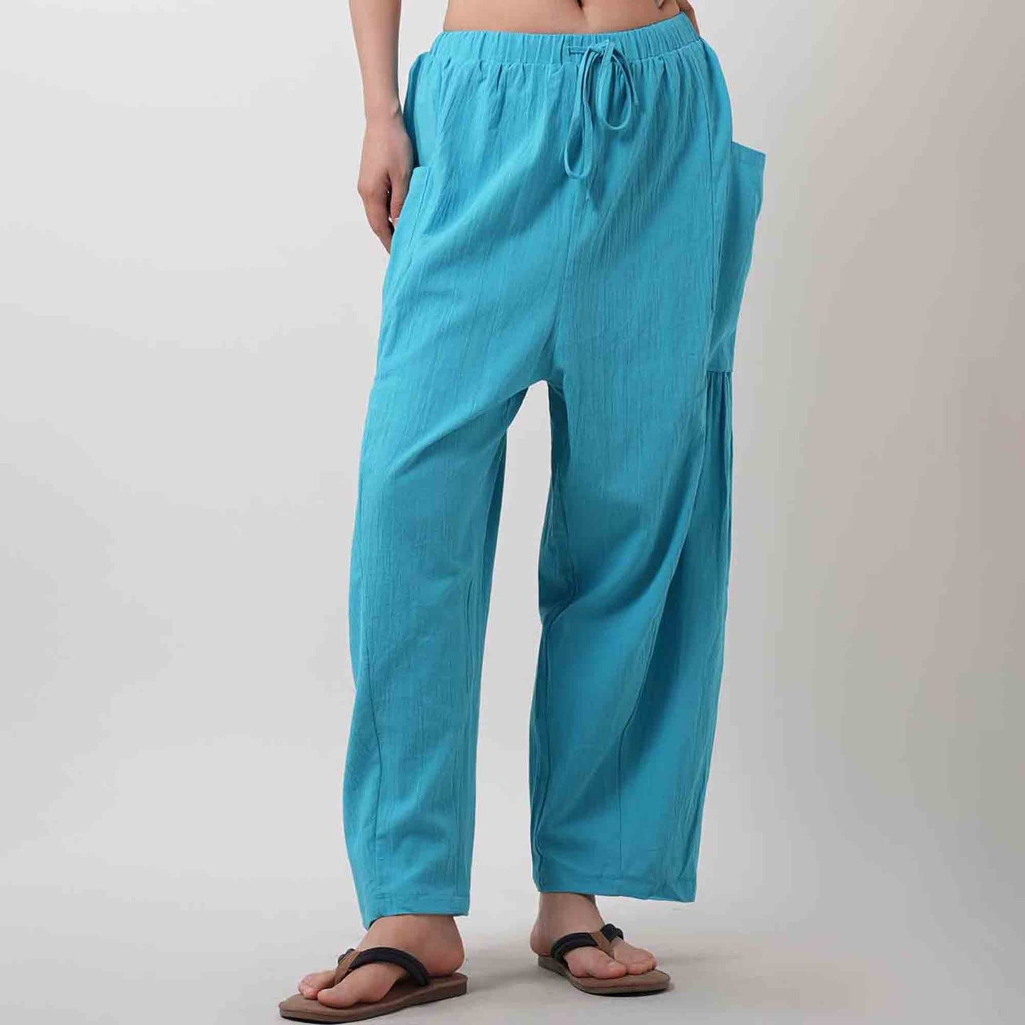 Women's Cotton Drawstring Pants - Relaxed Fit with Elastic Waist & Functional Pocket
