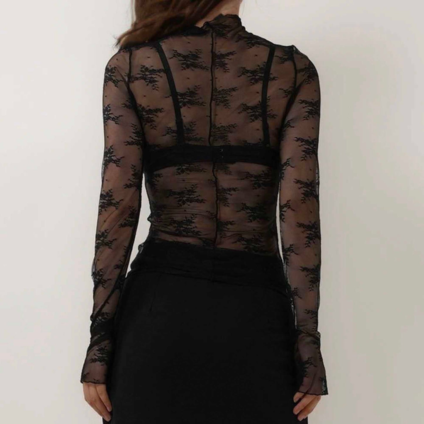 Women's Floral Lace Slim-Fit Top – Sheer Stretch Tee with Baby Overlock Edge Cherie Code