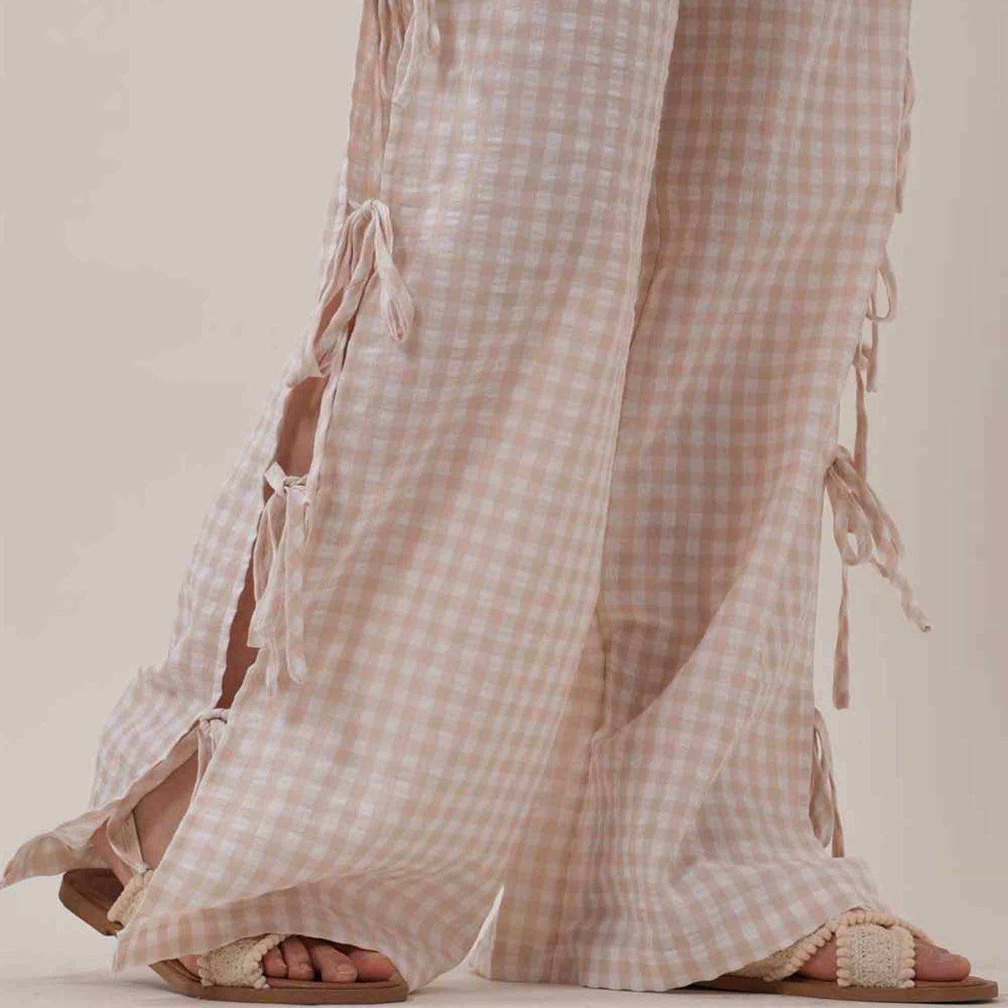 Women Everyday Checked Elastic Waist Side Strape Bowtie Casual Loungewear Pants Cherie Code