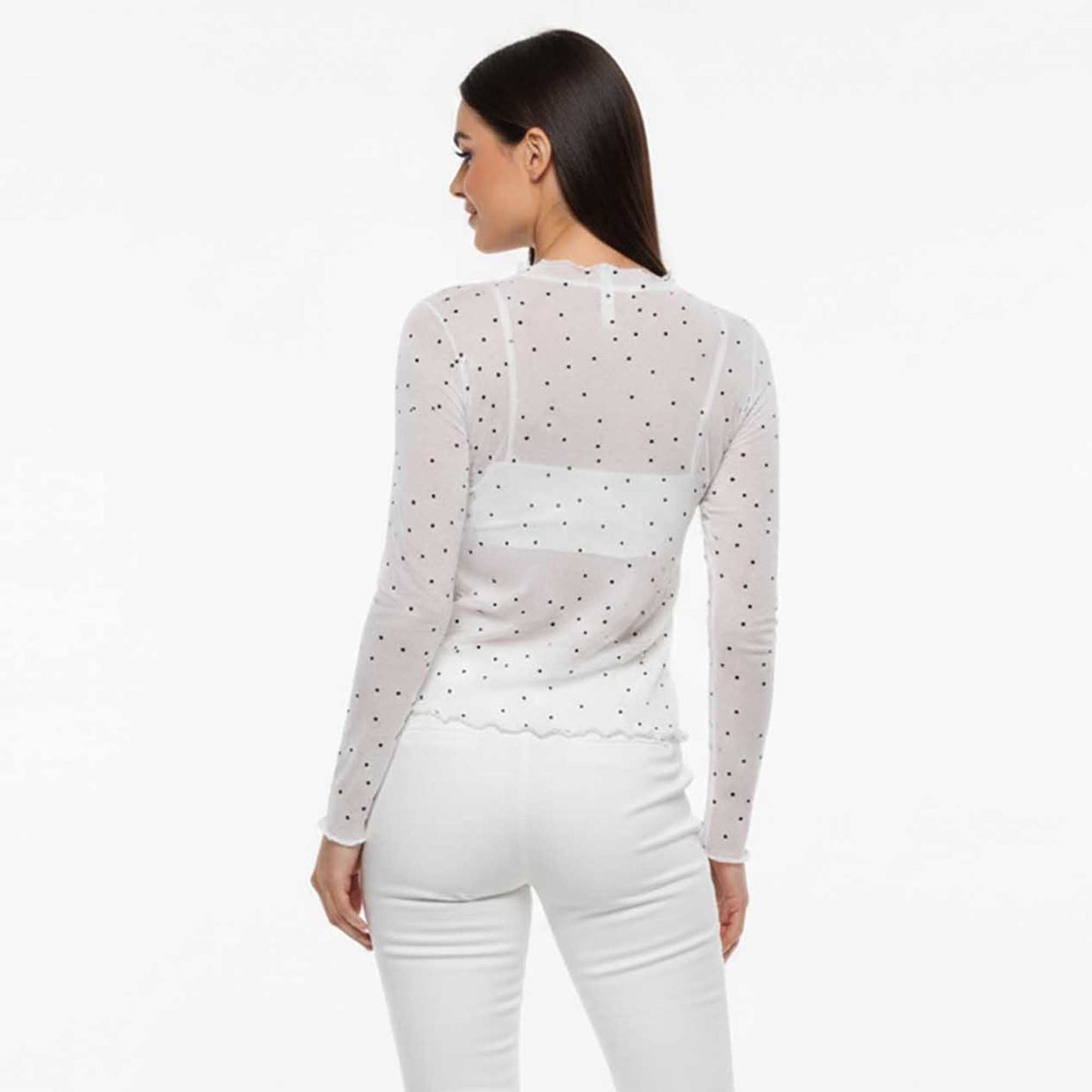 Cherie Code Women's Mesh Dot Print Top – Slim Long-Sleeve Layer, Stretch