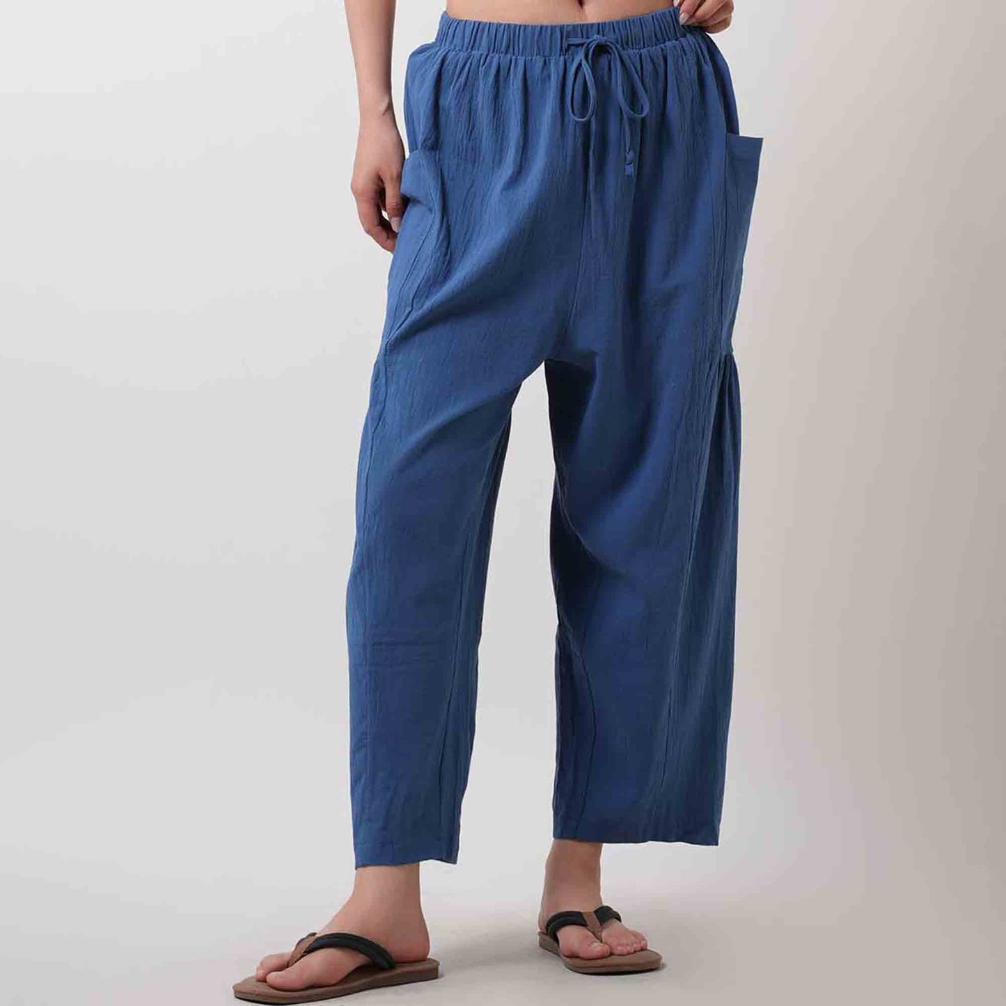 Women's Cotton Drawstring Pants - Relaxed Fit with Elastic Waist & Functional Pocket