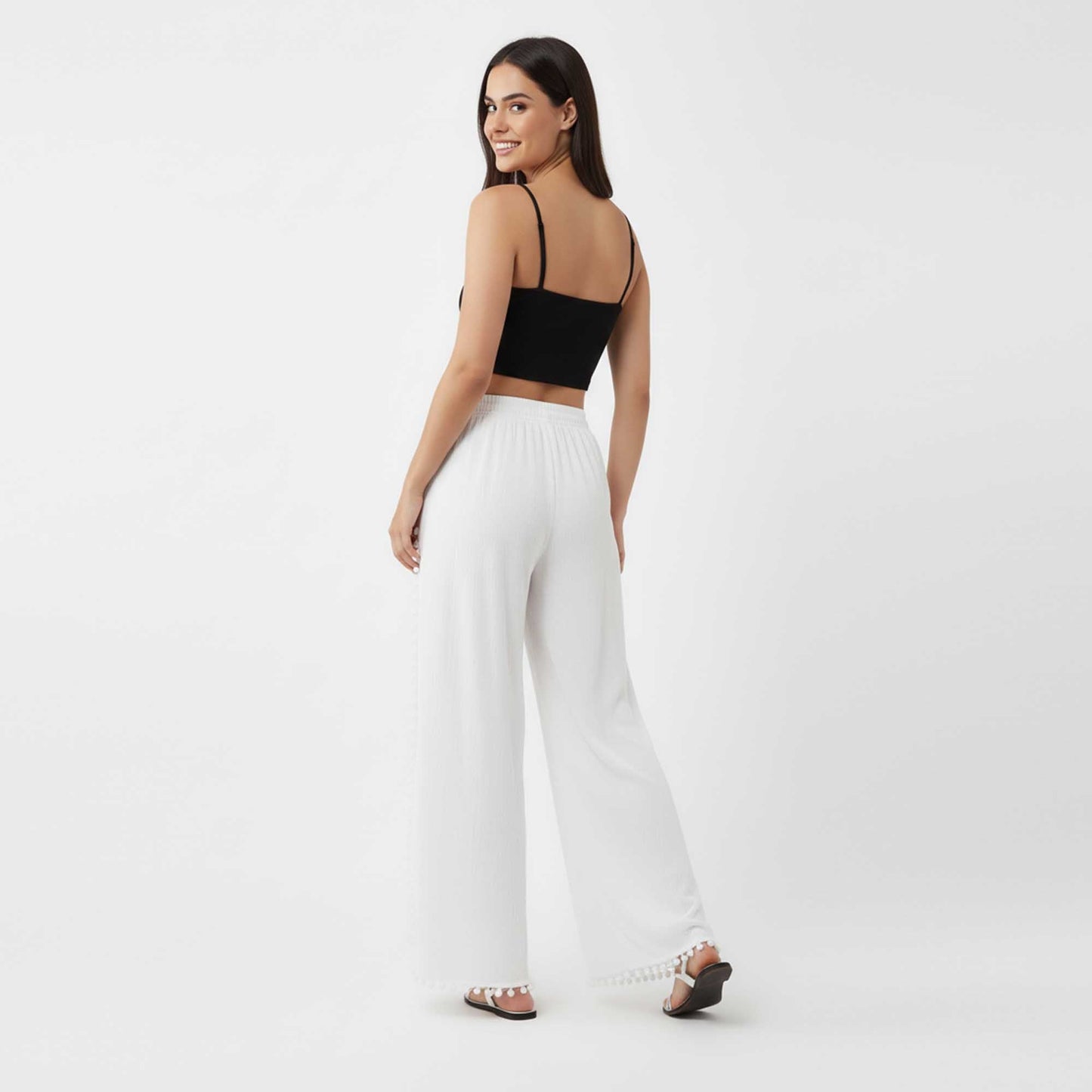 Cherie Code Women's Cotton Wide Leg Pants with Side Split and Pom Trim – Casual Fit
