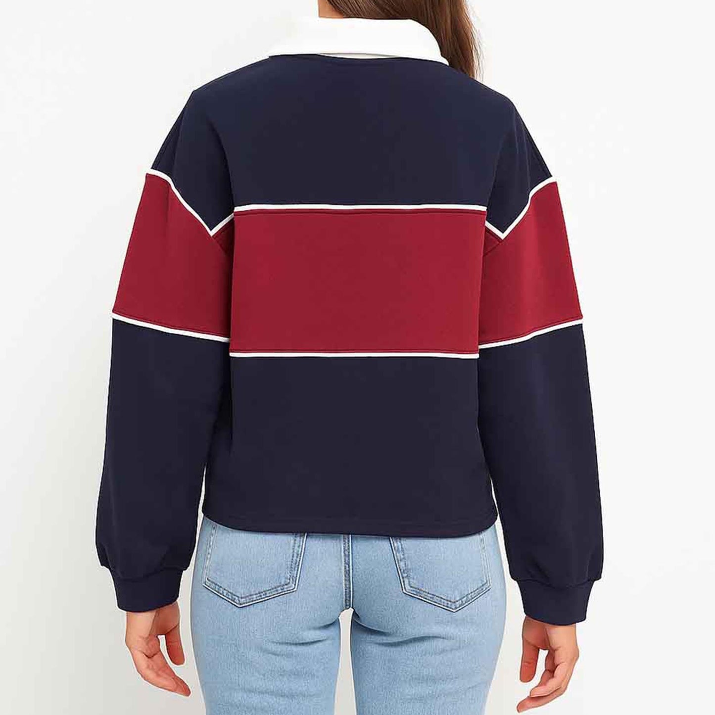 Women's Colorblock Polo Collar Long Sleeve Sweatshirt – Casual Pullover Top for Fall by Cherie Code