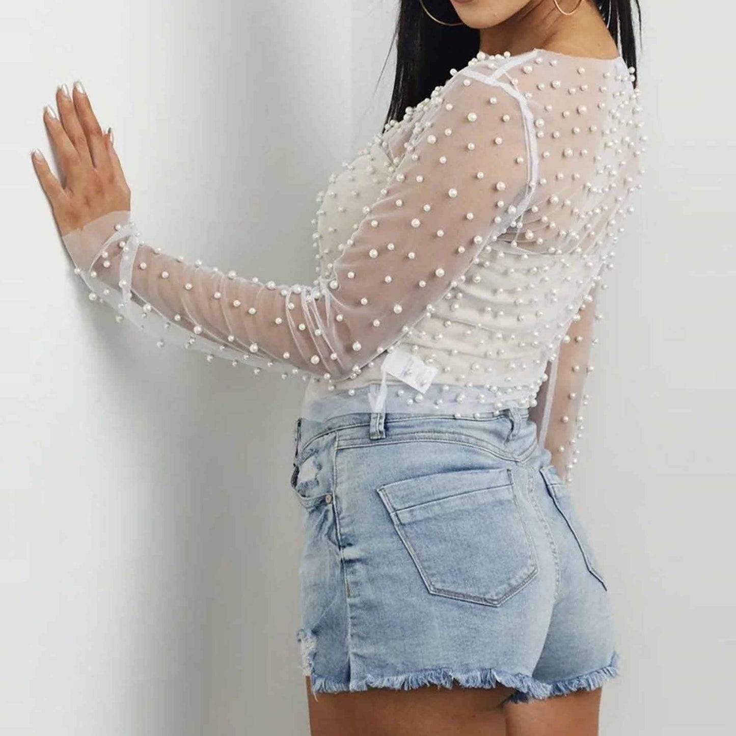 Chic Long Sleeve Sheer Top with Pearl Details - Non-Stretch Polyamide Layering Essential Cherie Code