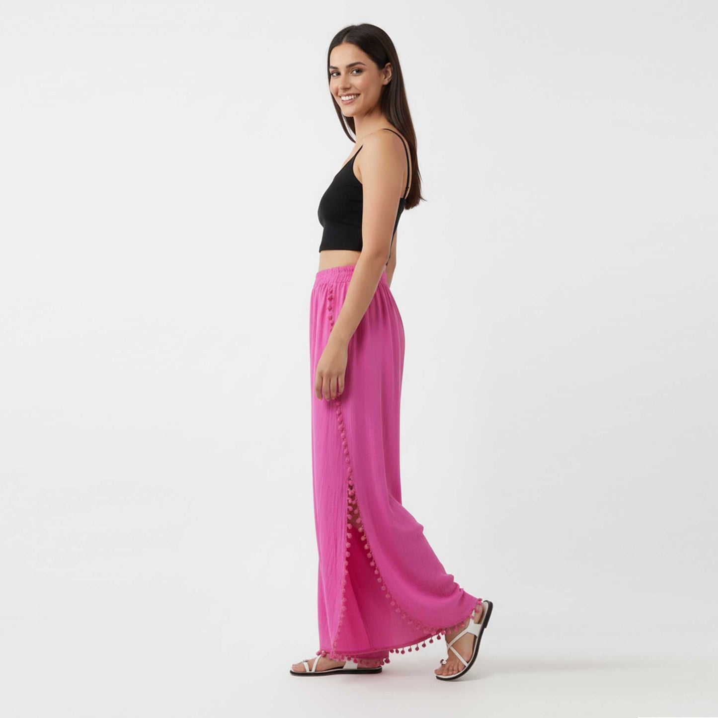 Cherie Code Women's Cotton Wide Leg Pants with Side Split and Pom Trim – Casual Fit