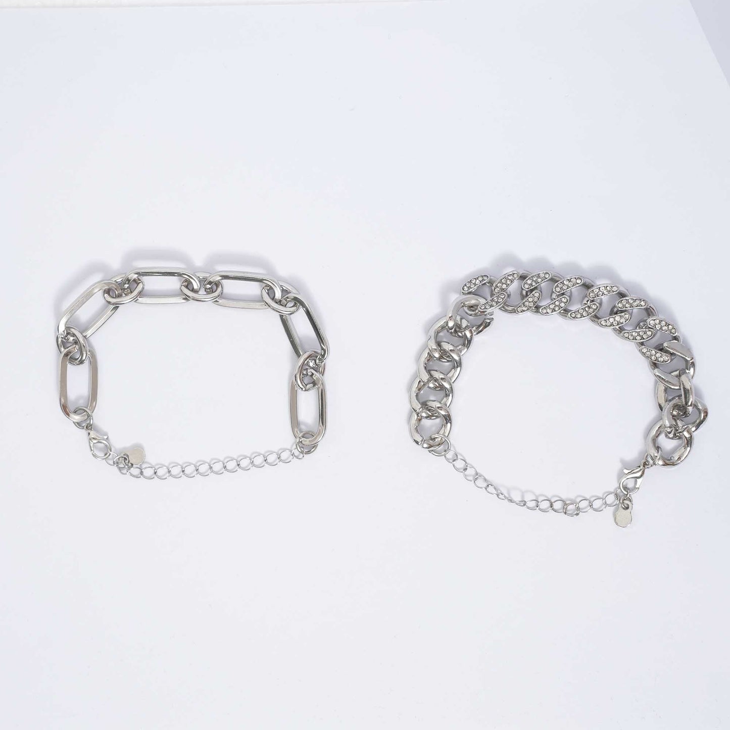 Women's 2-Piece Silver Chain Bracelet Set with Rhinestone Accents – Adjustable Layered Link Jewelry by Cherie Code