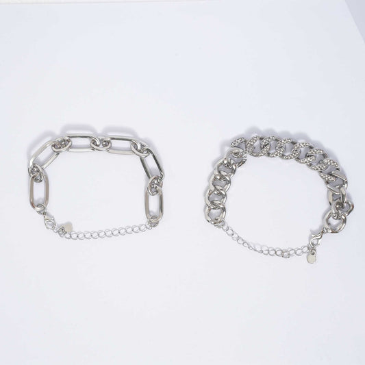 Women's 2-Piece Silver Chain Bracelet Set with Rhinestone Accents – Adjustable Layered Link Jewelry by Cherie Code