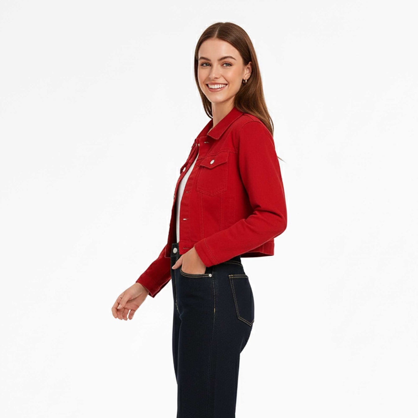 Women's Solid Color Denim Jacket with Pockets – Long Sleeve Button Front Casual Outerwear by Cherie Code