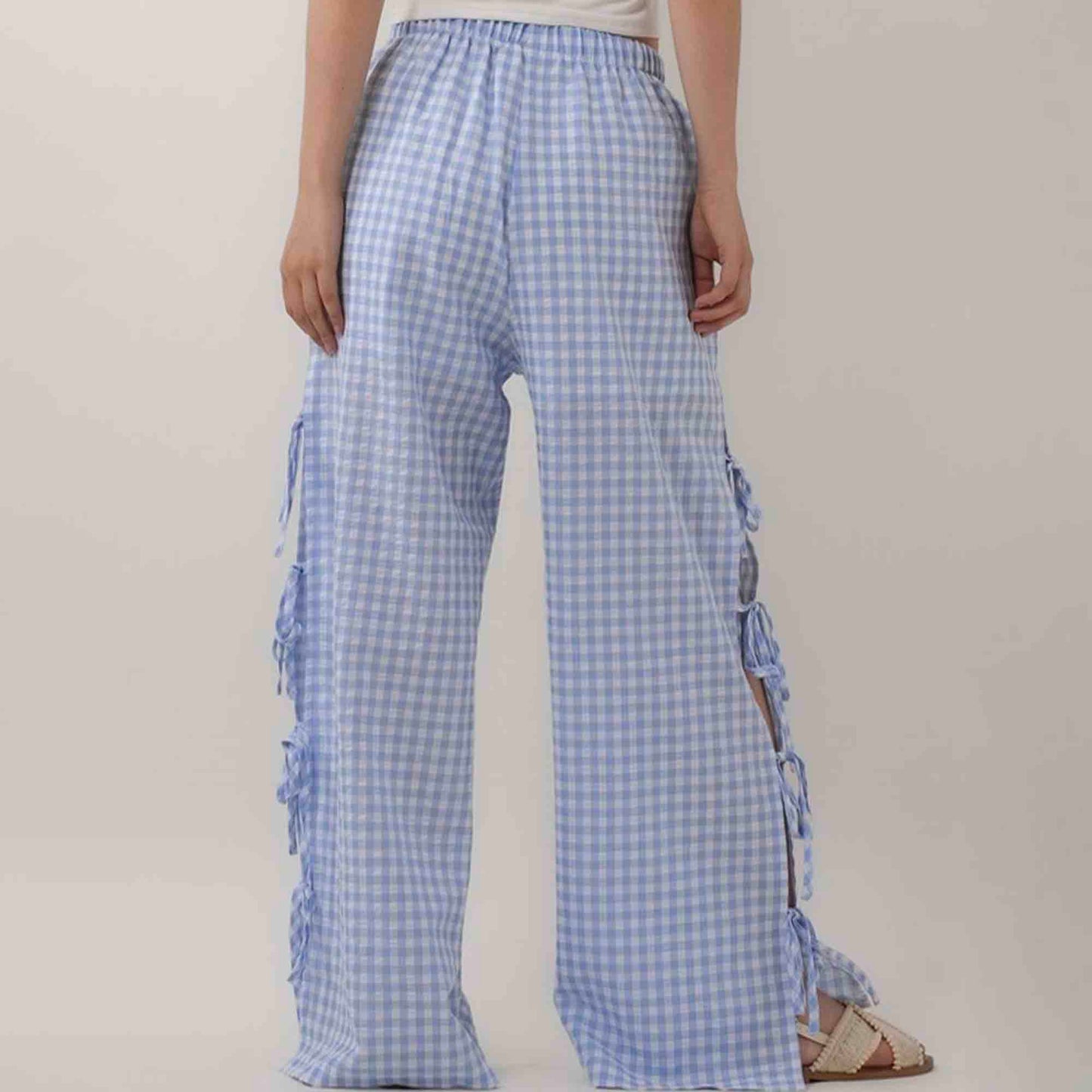 Women Everyday Checked Elastic Waist Side Strape Bowtie Casual Loungewear Pants Cherie Code