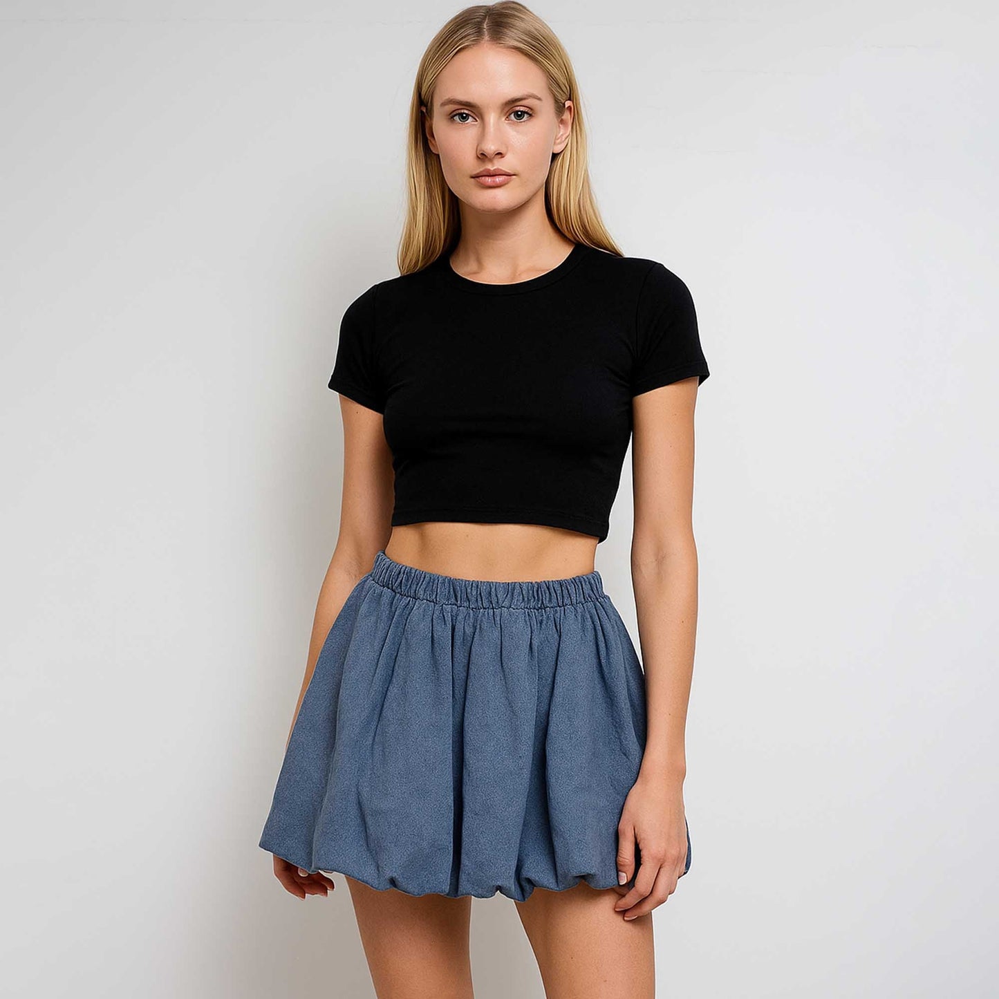 Women's Bubble‑Hem Mini Skirt – A‑Line with Elastic Waist & Washed Cherie Code