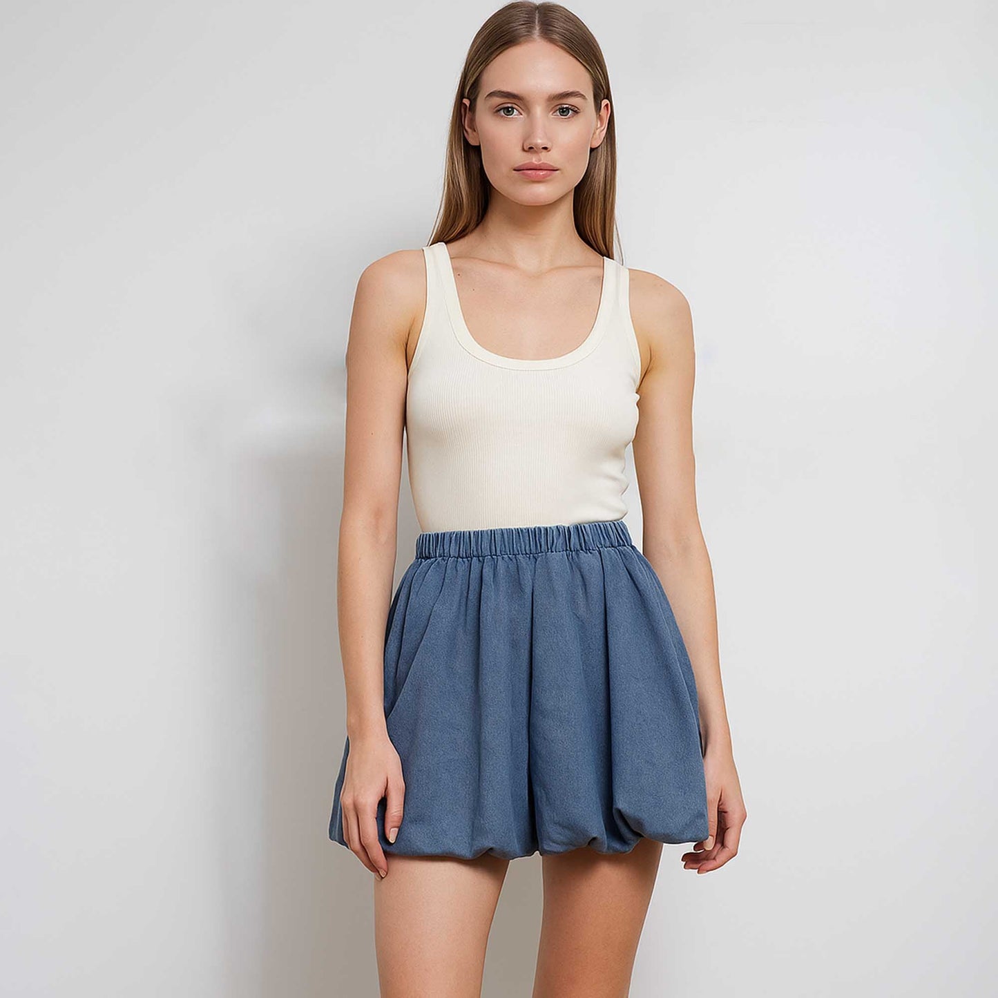 Women's Bubble‑Hem Mini Skirt – A‑Line with Elastic Waist & Washed Cherie Code