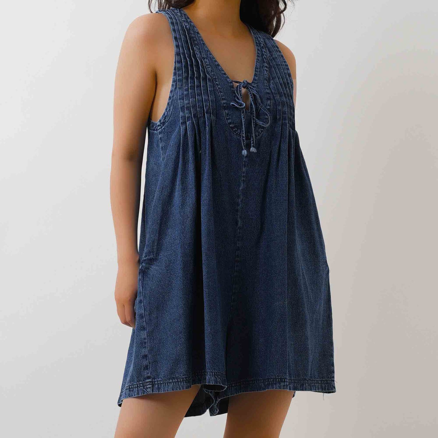 Women's Denim Romper - Sleeveless V-Neck Jumpsuit with Tie Front & Pockets Cherie Code