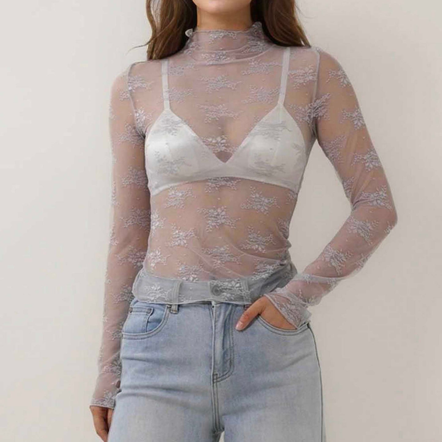 Women's Floral Lace Slim-Fit Top – Sheer Stretch Tee with Baby Overlock Edge Cherie Code