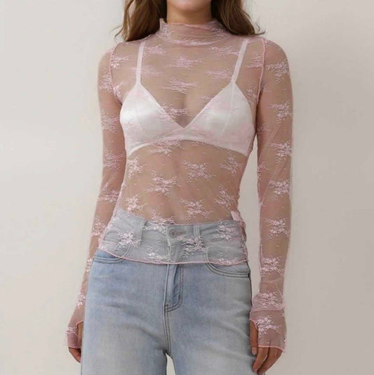 Women's Floral Lace Slim-Fit Top – Sheer Stretch Tee with Baby Overlock Edge Cherie Code