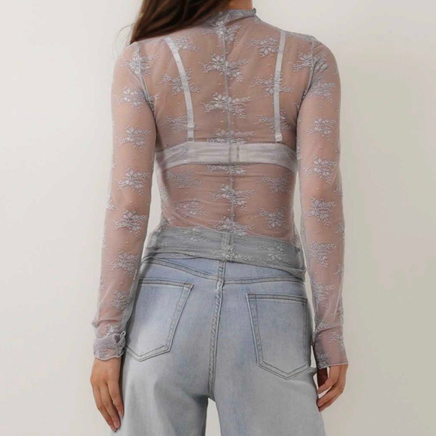 Women's Floral Lace Slim-Fit Top – Sheer Stretch Tee with Baby Overlock Edge Cherie Code