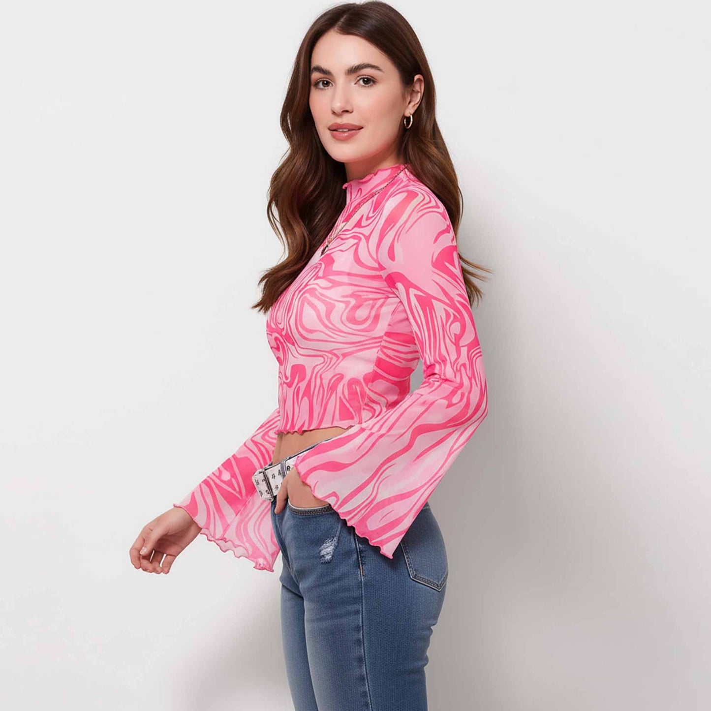 Cherie Code Women's Pink Printed Mesh Flare Sleeve Crop Top – Stretch Slim Fit Turtleneck Blouse