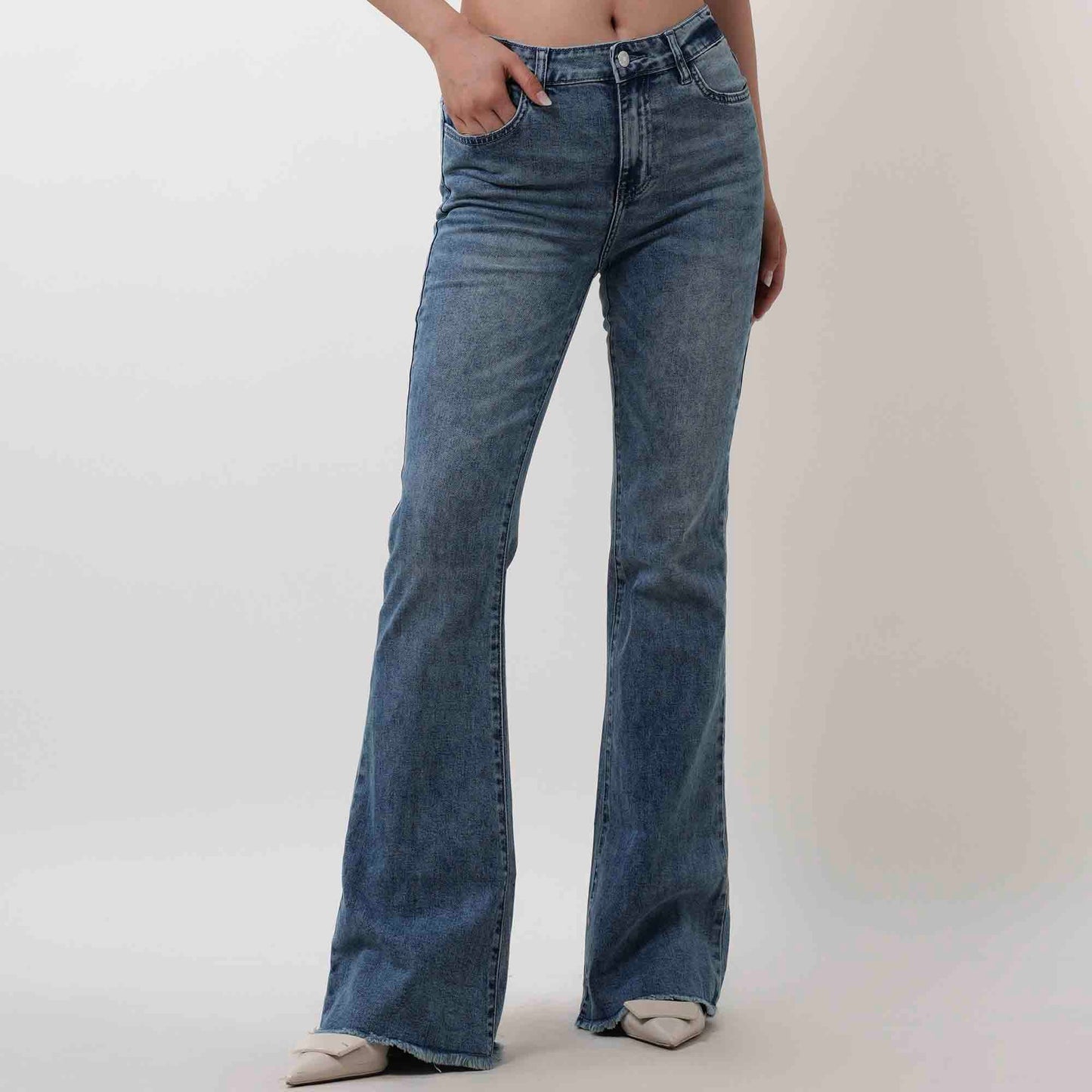 Women's Flare Leg Jeans - Vintage Wash with Mid Rise & 5-Pocket Design Cherie Code