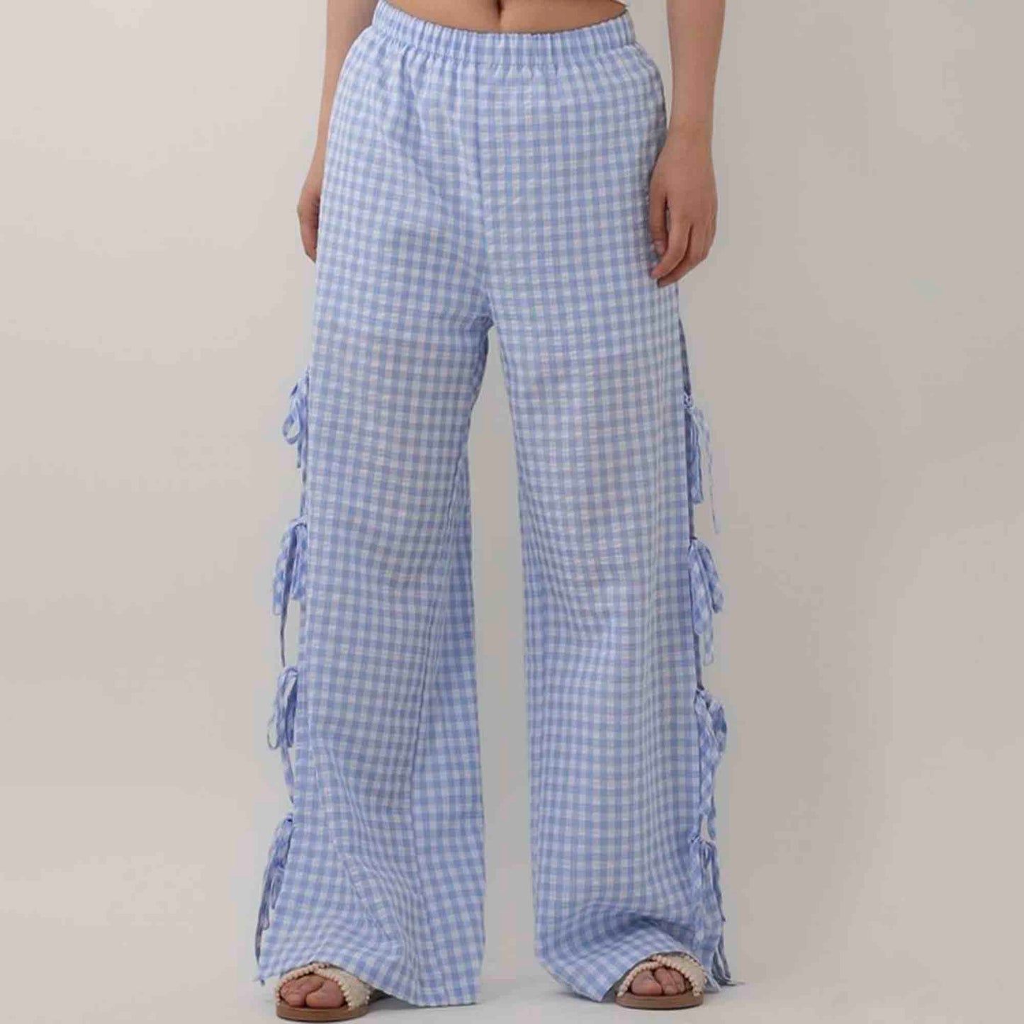 Women Everyday Checked Elastic Waist Side Strape Bowtie Casual Loungewear Pants Cherie Code