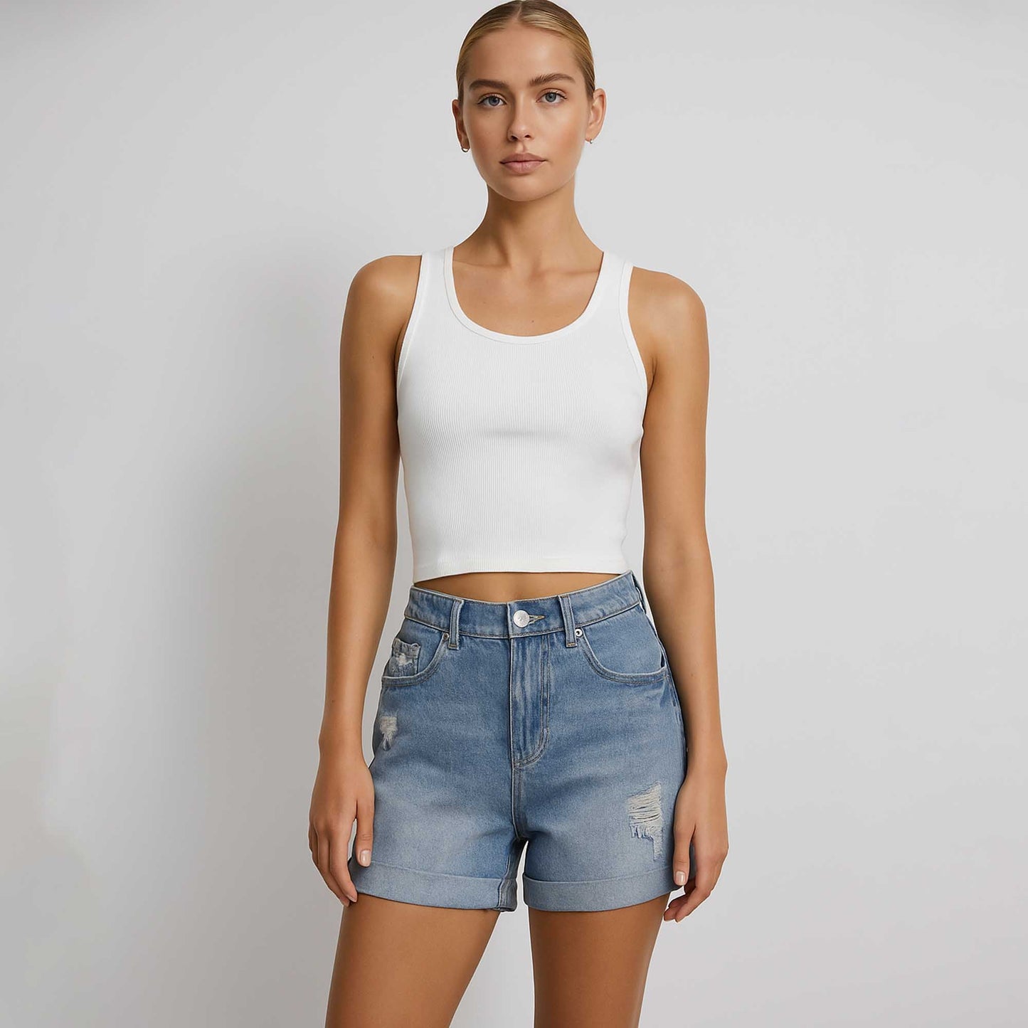 Women's Slim Fit Distressed Denim Shorts - Rolled Hem with Classic 5-Pocket Cherie Code
