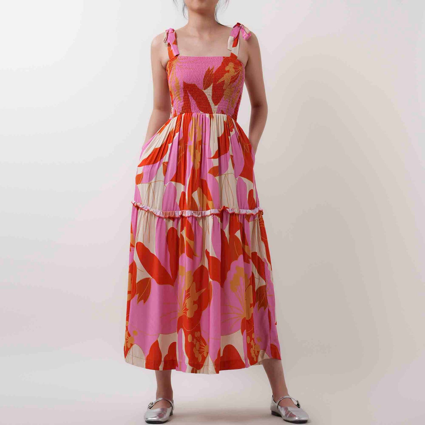 Breathable Rayon Midi Dress - Square Neck with Polyester Lining & Casual Fit Cherie Code