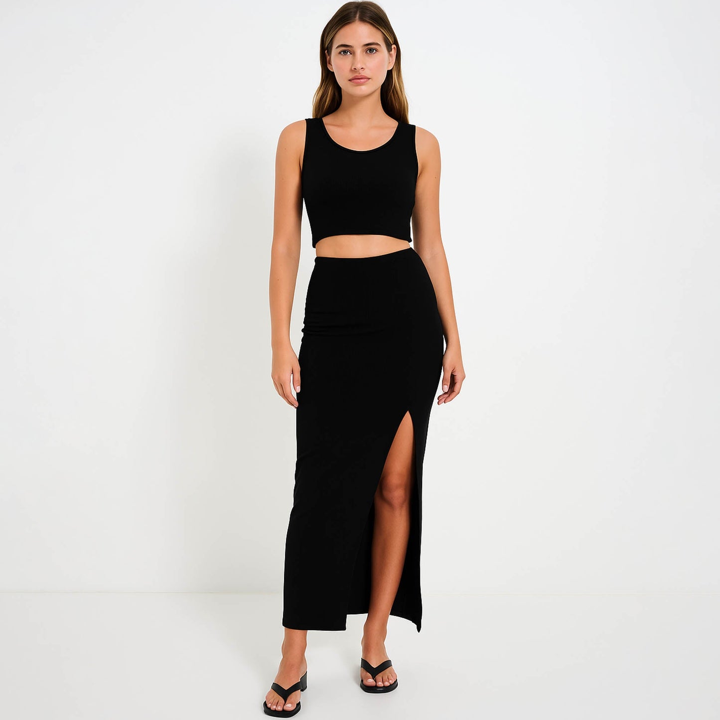 Woman Stretch Viscose Slim Fit Skirt Set - Sleeveless Crop Top 2PCS Outfit Cherie Code