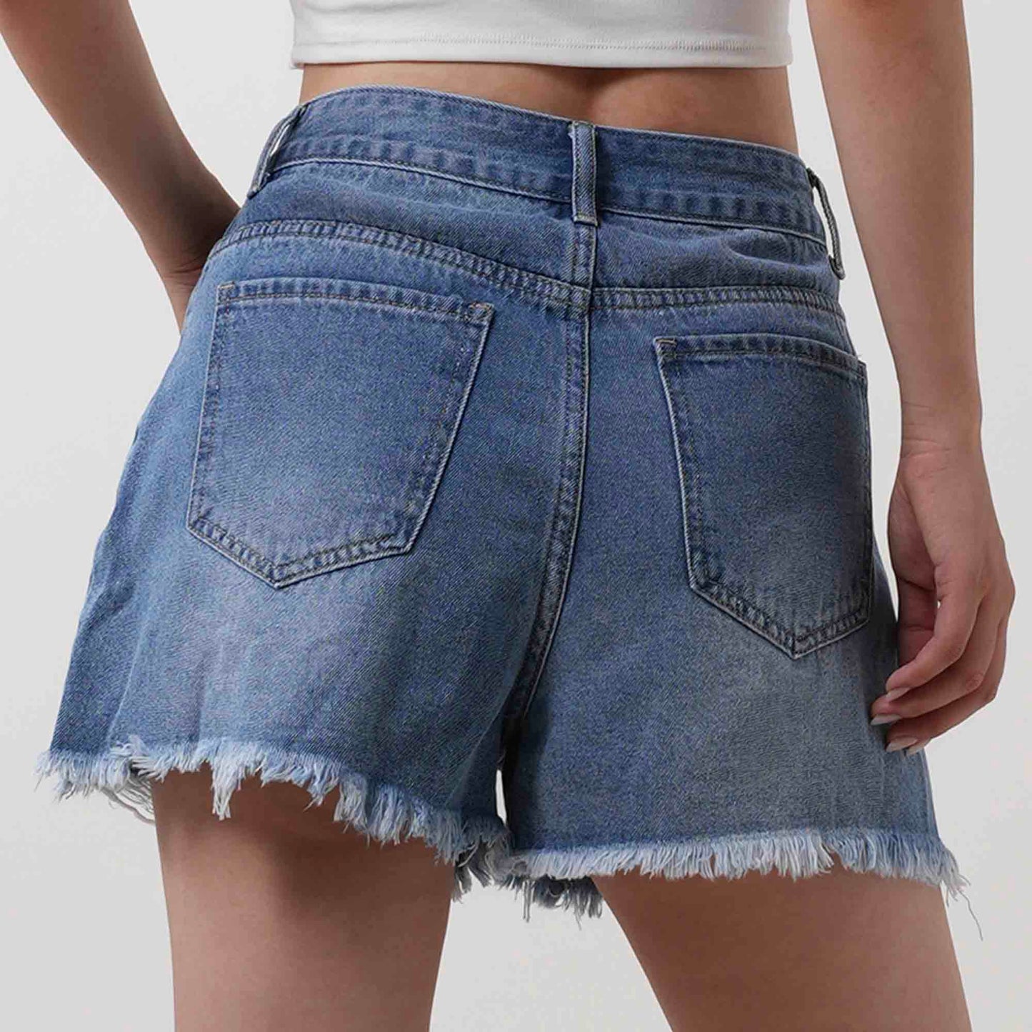 Women's Distressed Denim Shorts - Classic 5-Pocket Style with Button & Zip Closure Cherie Code