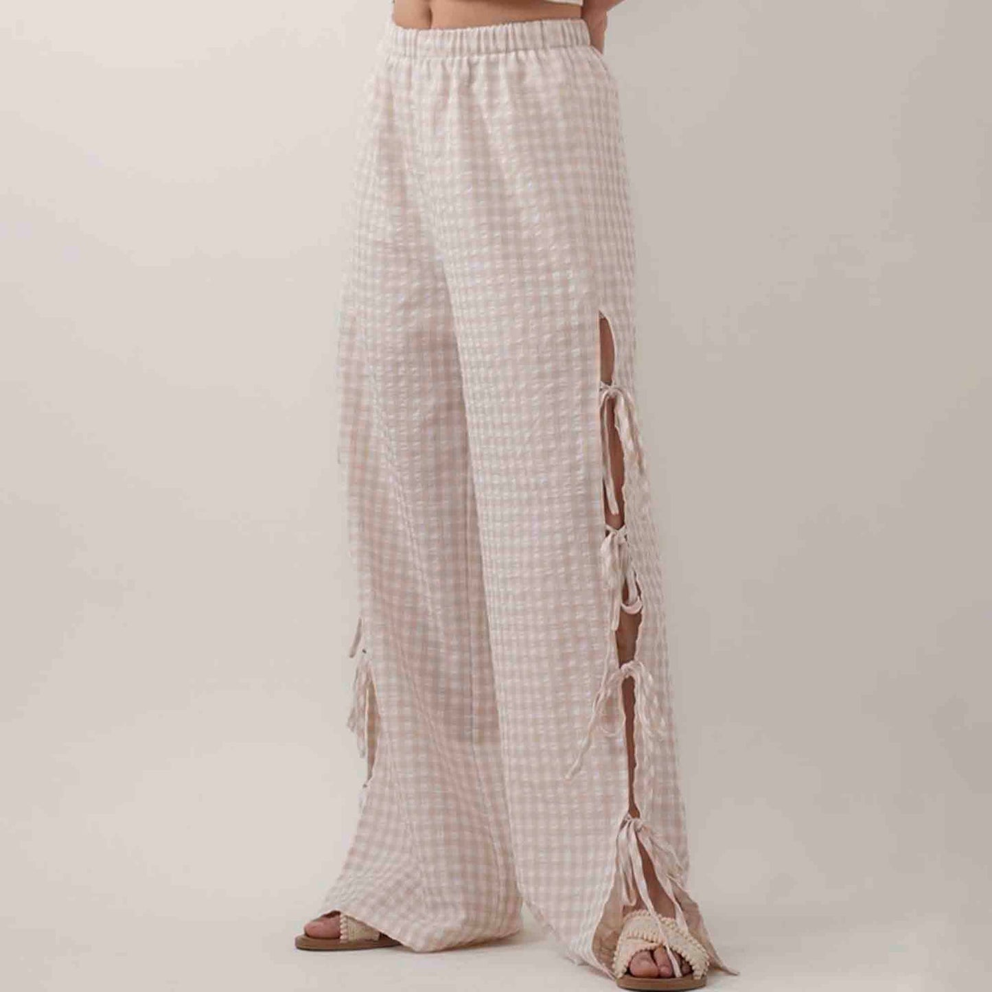 Women Everyday Checked Elastic Waist Side Strape Bowtie Casual Loungewear Pants Cherie Code