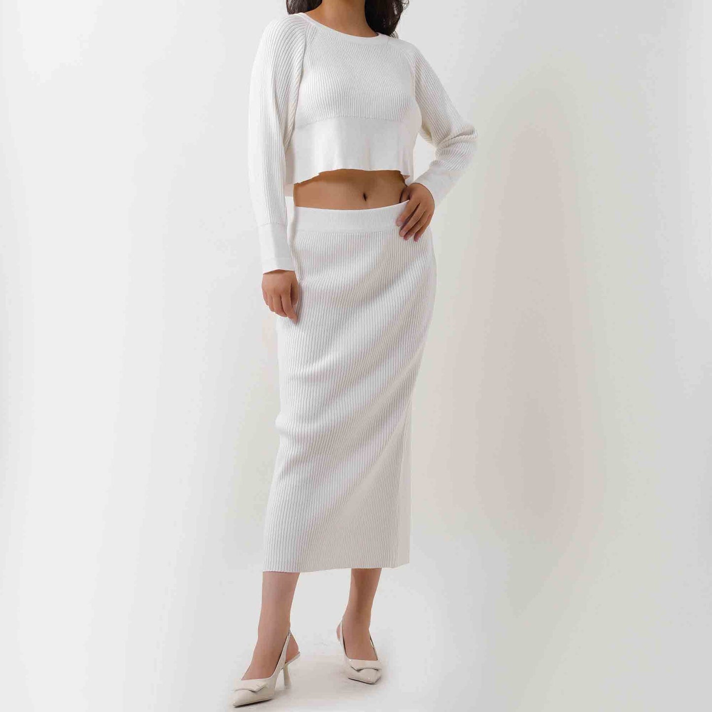 Women's Sweater Set - Stretch Knit Top & Back-Slit Midi Skirt Matching Set Cherie Code