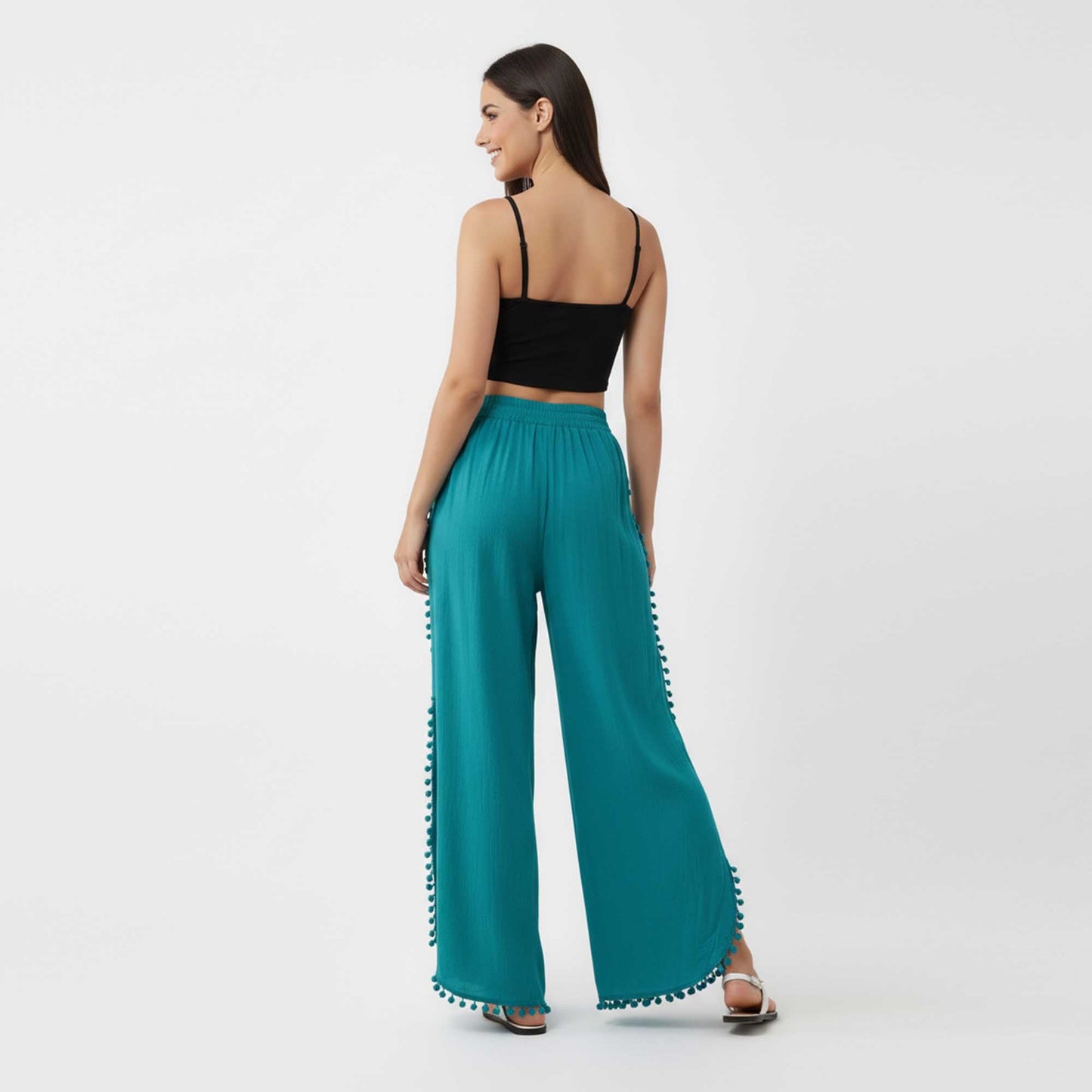 Cherie Code Women's Cotton Wide Leg Pants with Side Split and Pom Trim – Casual Fit