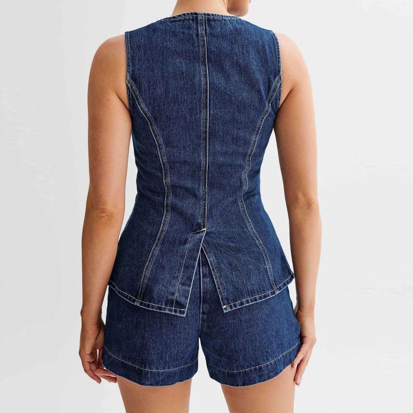 Women's Denim Shorts Set - High Waist Casual Outfit Sleeveless Top with Shorts Cherie Code