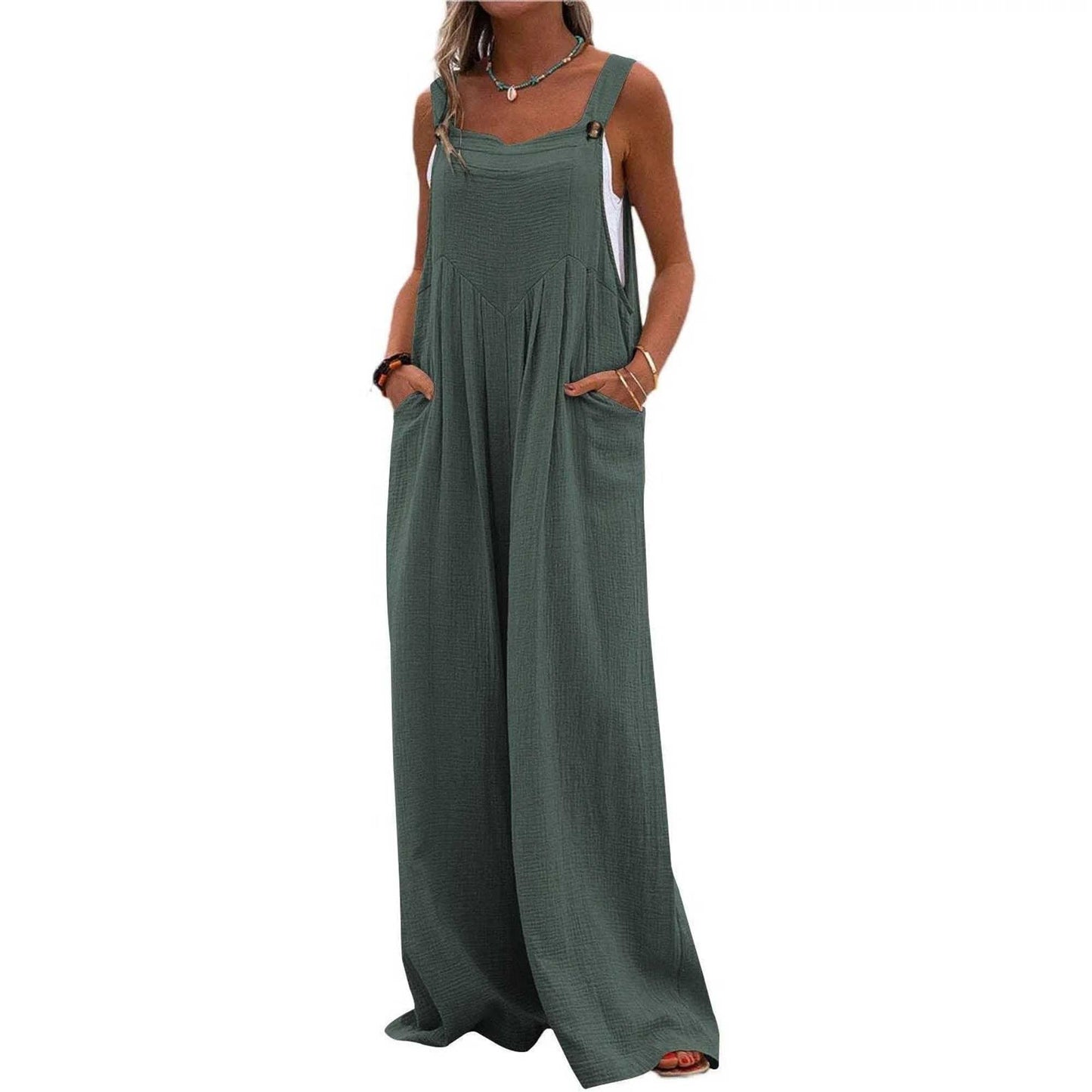 Woman Solid Color Wide-Leg Jumpsuit with Adjustable Straps and Pockets – Cherie Code
