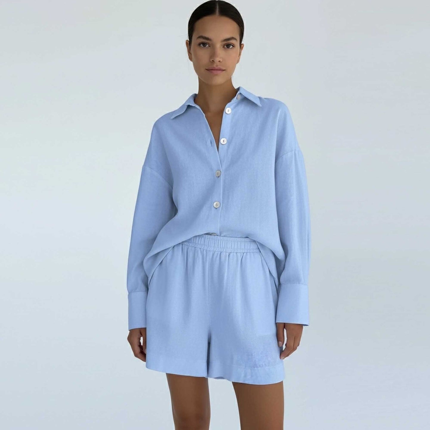 Woman Solid Shorts Set – Slim Fit Long-Sleeve Lapel Shirt & Shorts, Cotton Lined Cherie Code