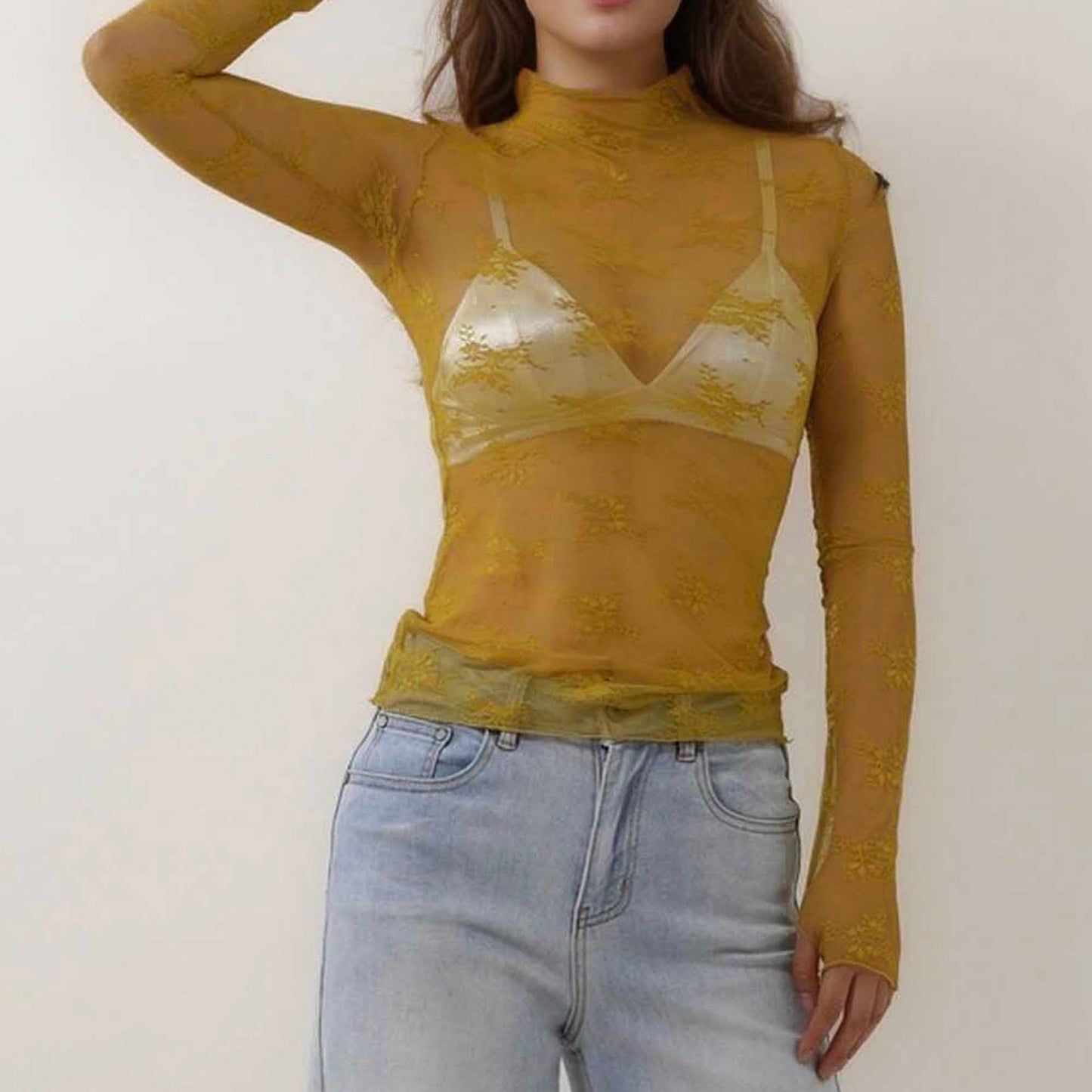 Women's Floral Lace Slim-Fit Top – Sheer Stretch Tee with Baby Overlock Edge Cherie Code