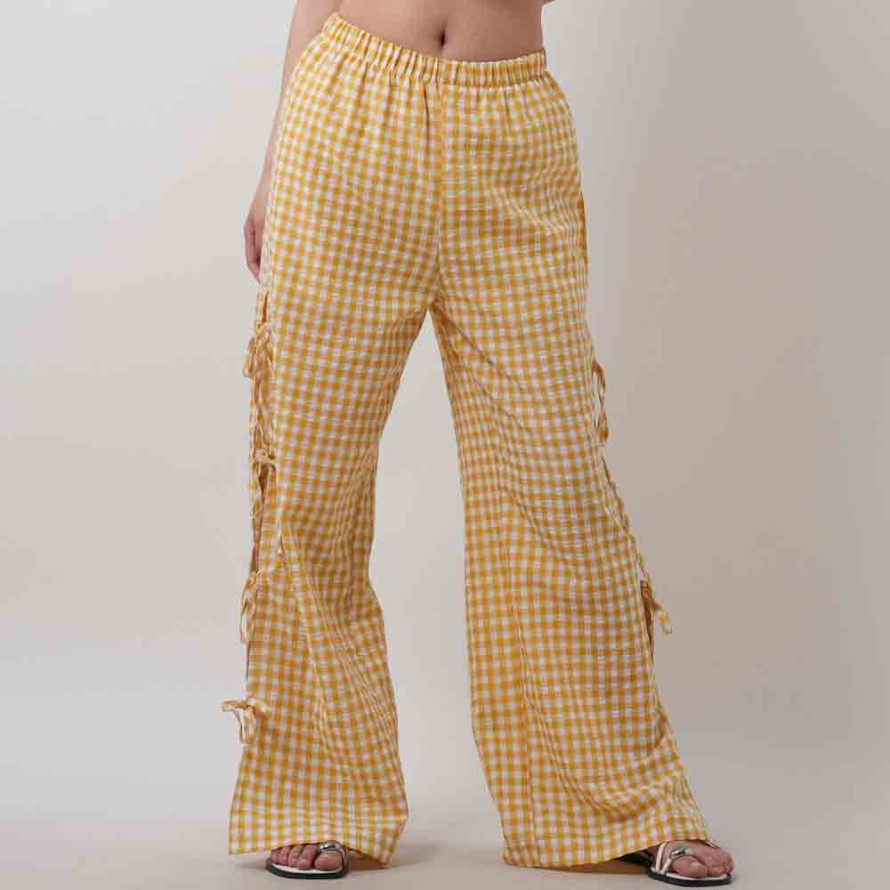 Women Everyday Checked Elastic Waist Side Strape Bowtie Casual Loungewear Pants Cherie Code