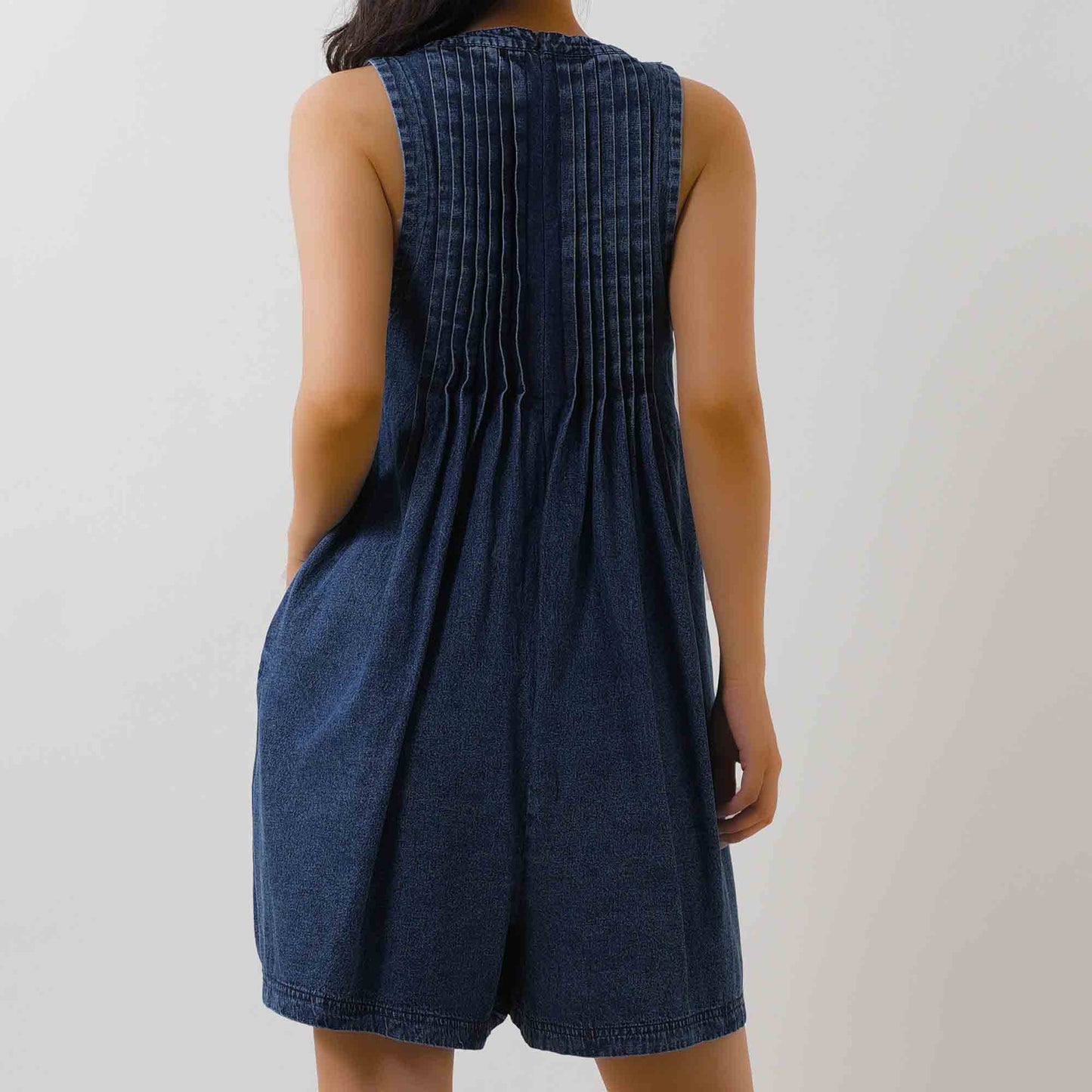 Women's Denim Romper - Sleeveless V-Neck Jumpsuit with Tie Front & Pockets Cherie Code