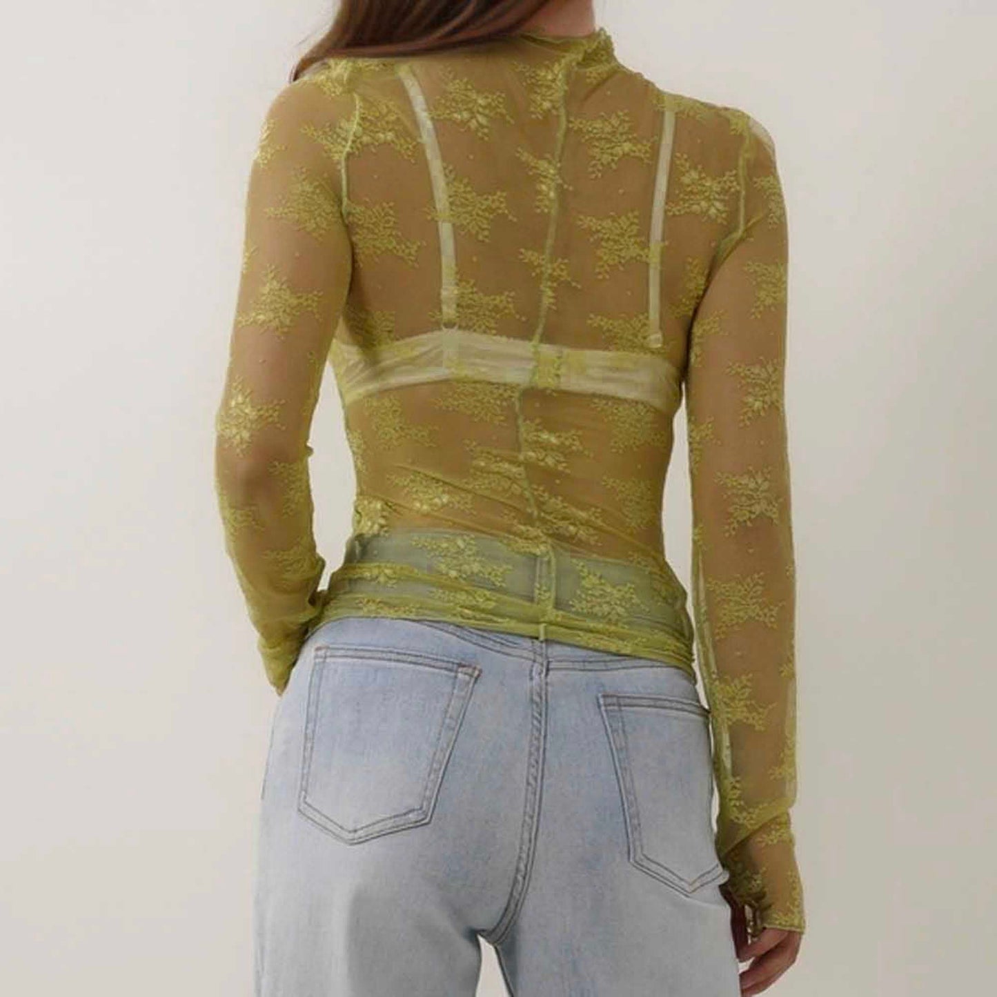 Women's Floral Lace Slim-Fit Top – Sheer Stretch Tee with Baby Overlock Edge Cherie Code