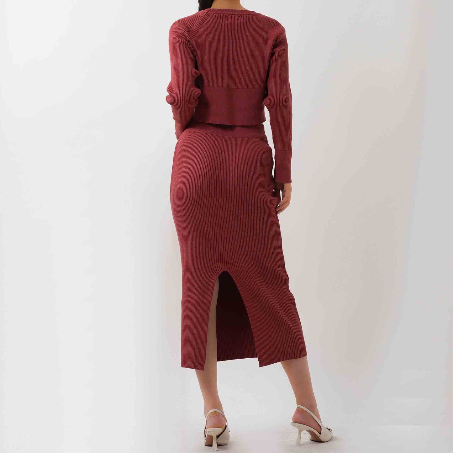 Women's Sweater Set - Stretch Knit Top & Back-Slit Midi Skirt Matching Set Cherie Code