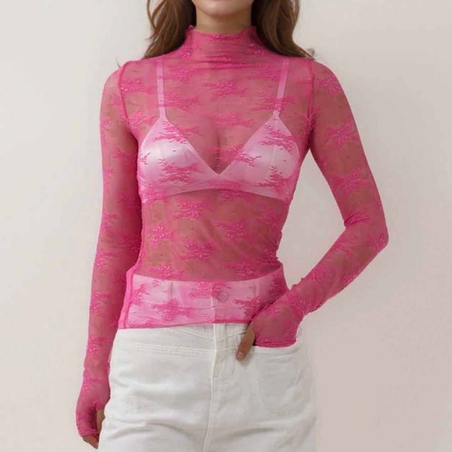 Women's Floral Lace Slim-Fit Top – Sheer Stretch Tee with Baby Overlock Edge Cherie Code