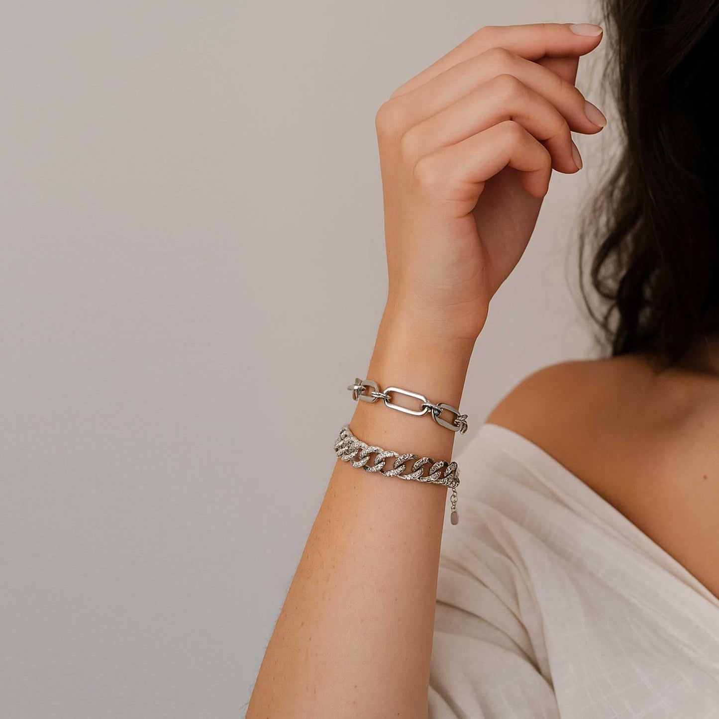 Women's 2-Piece Silver Chain Bracelet Set with Rhinestone Accents – Adjustable Layered Link Jewelry by Cherie Code