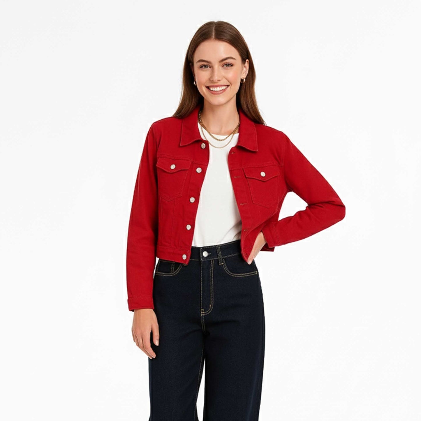 Women's Solid Color Denim Jacket with Pockets – Long Sleeve Button Front Casual Outerwear by Cherie Code