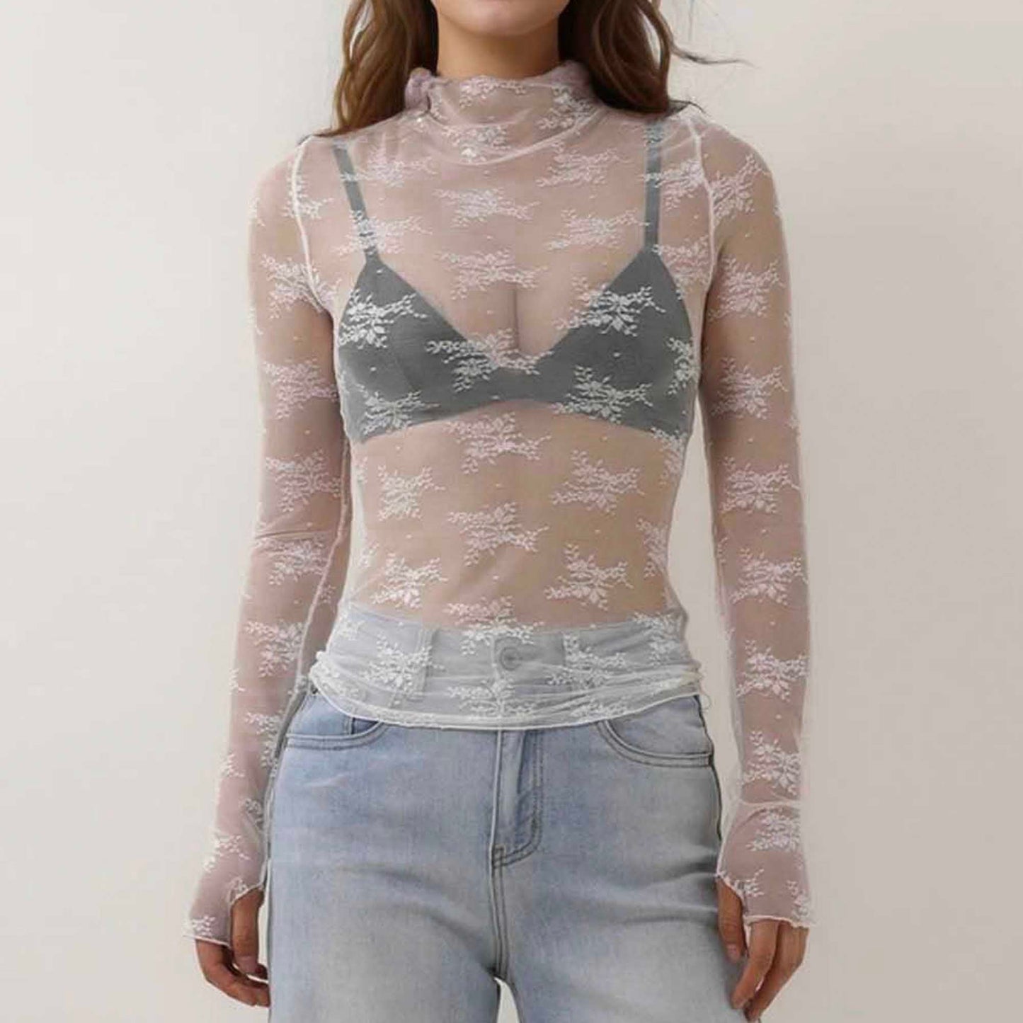 Women's Floral Lace Slim-Fit Top – Sheer Stretch Tee with Baby Overlock Edge Cherie Code