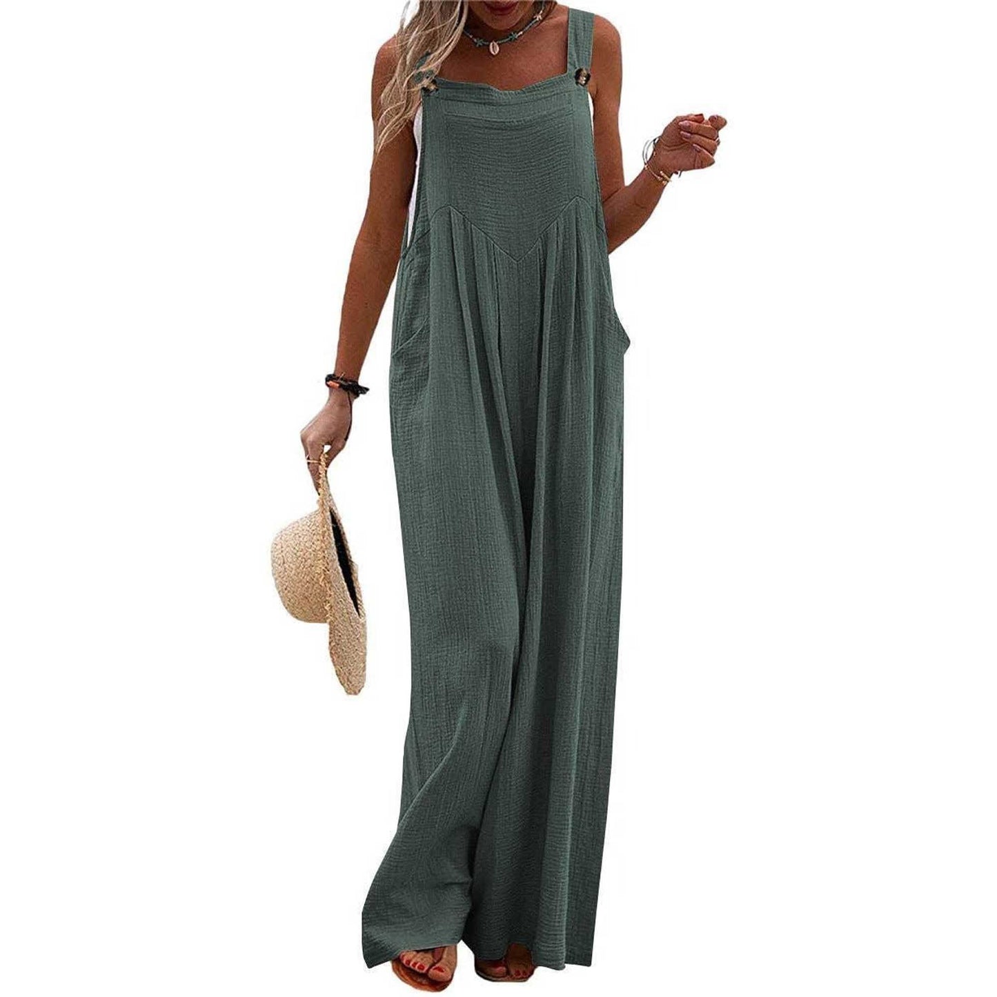 Woman Solid Color Wide-Leg Jumpsuit with Adjustable Straps and Pockets – Cherie Code