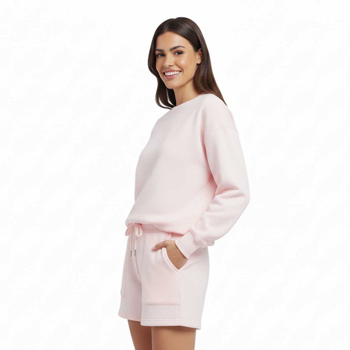 Cherie Code Women's Green Long Sleeve Cotton Sweatshirt and Shorts Set – Casual Fit with Elastic Waist and Pockets